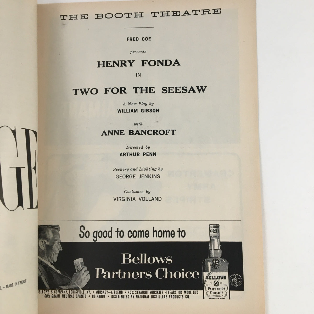 Cast information page of the 1958 Playbill for Two For The Seesaw, presenting Henry Fonda and Anne Bancroft with theatre credits.