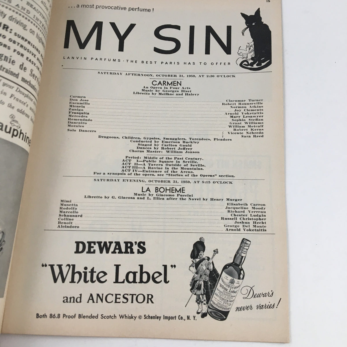 Advertisement page from the 1959 Playbill for Carmen, featuring promotions for perfumes and beverages.