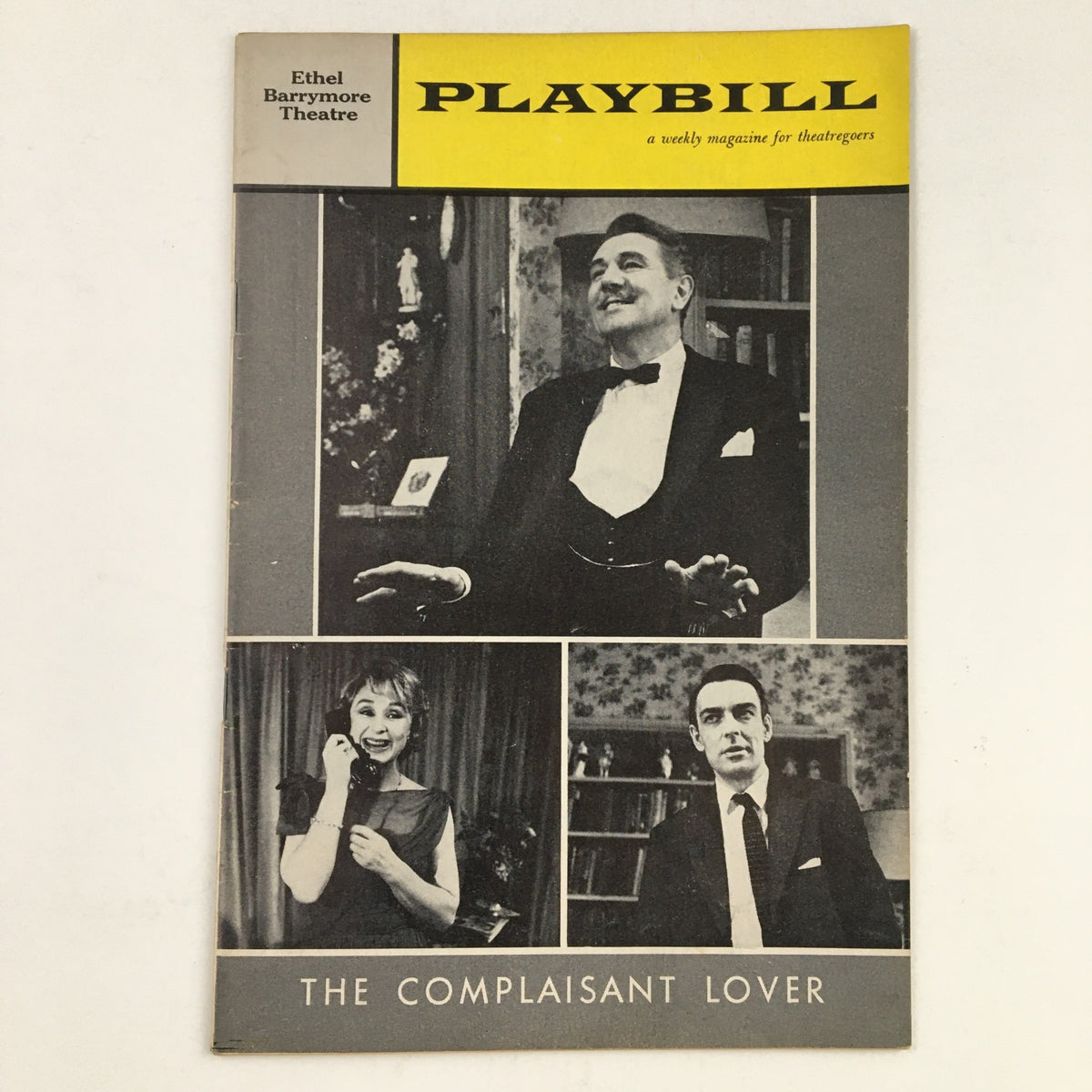 Vintage 1961 Playbill for 'The Complaisant Lover' at Ethel Barrymore Theatre featuring black and white images of actors on its cover.