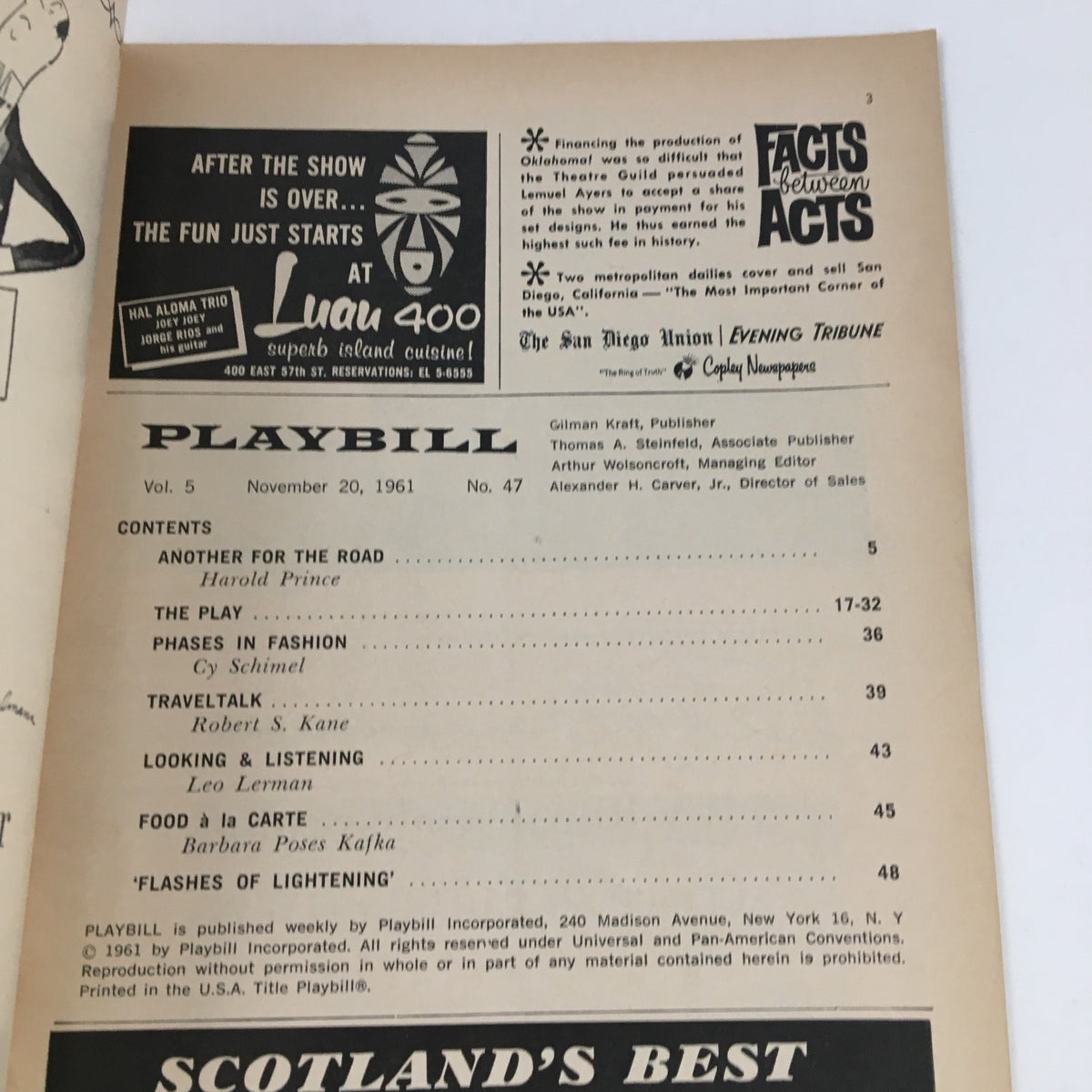 Vintage 1961 Playbill from Ethel Barrymore Theatre featuring contents including 'Harold Prince' and 'The Play,' perfect for theater collectors.