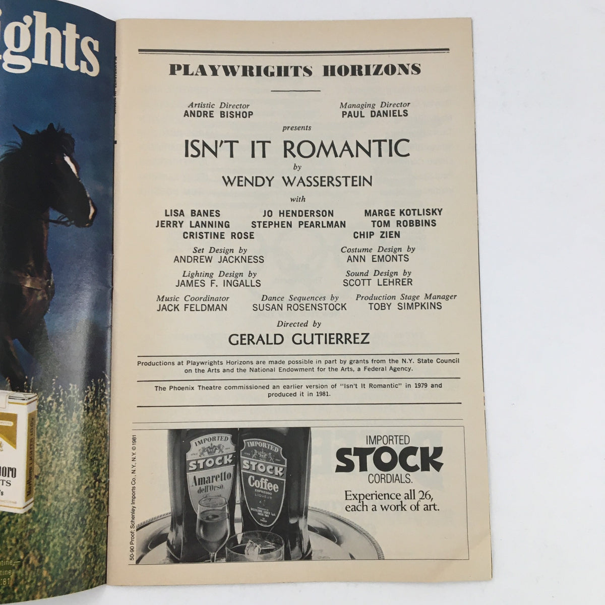 Interior page of the 1984 Showbill for 'Isn't It Romantic', listing the cast and crew including Wendy Wasserstein and Playwrights Horizons.