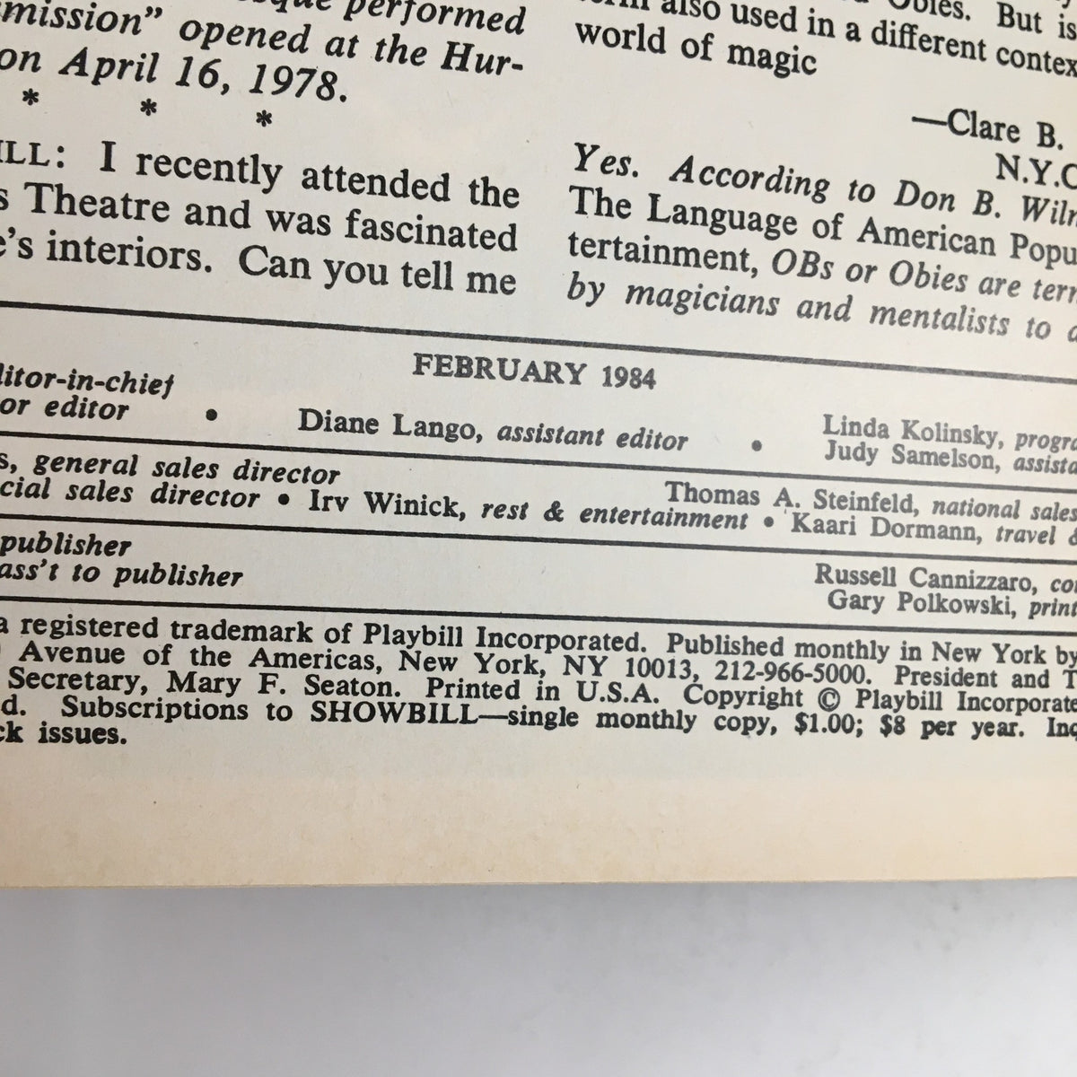 February 1984 page from the Showbill for 'Isn't It Romantic' with publication details and additional editorial information.
