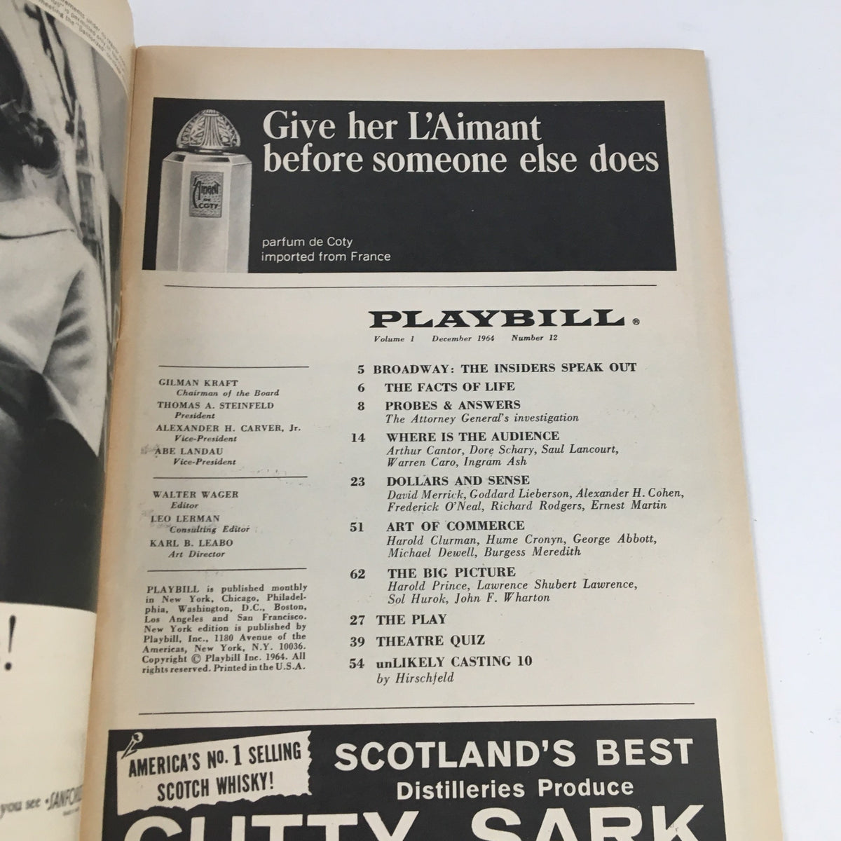 Interior page of the 1964 Playbill for The Plymouth Theatre featuring advertisements and information related to Broadway productions.
