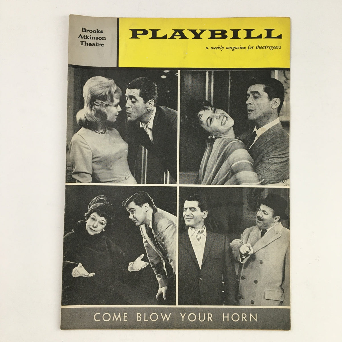 1961 Playbill for 'Come Blow Your Horn' at Brooks Atkinson Theatre featuring Hal March. The cover showcases black and white images of key scenes and characters from the play.