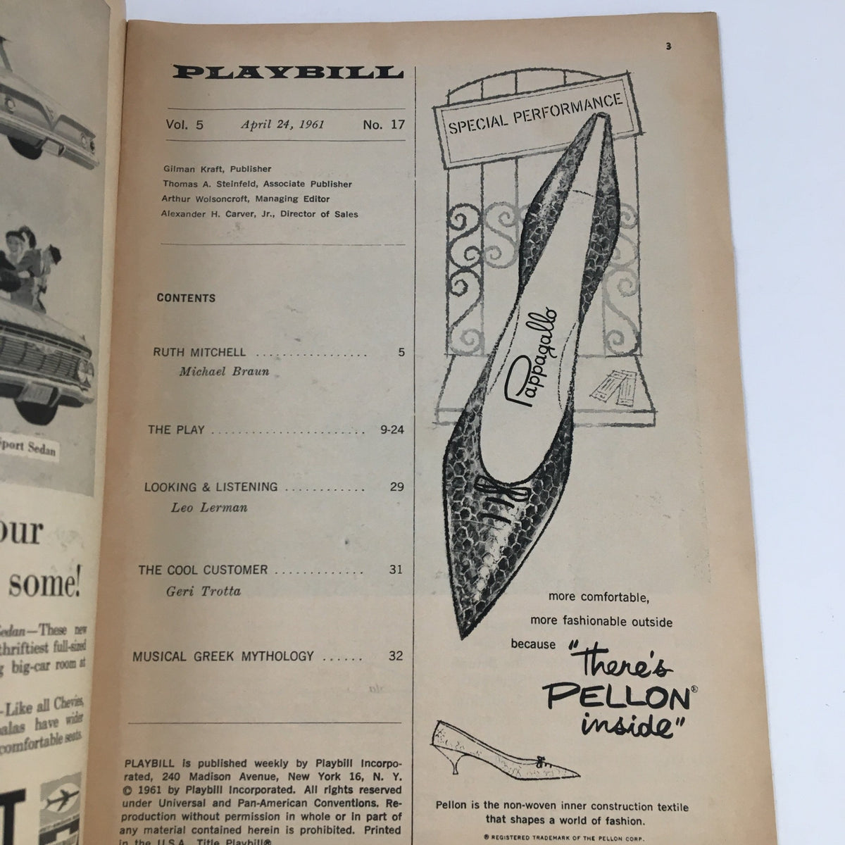 Inside page of the 1961 Playbill for 'Come Blow Your Horn' featuring publication details and advertisements, highlighting the contents and showcasing the shoe brand Pappagallo.