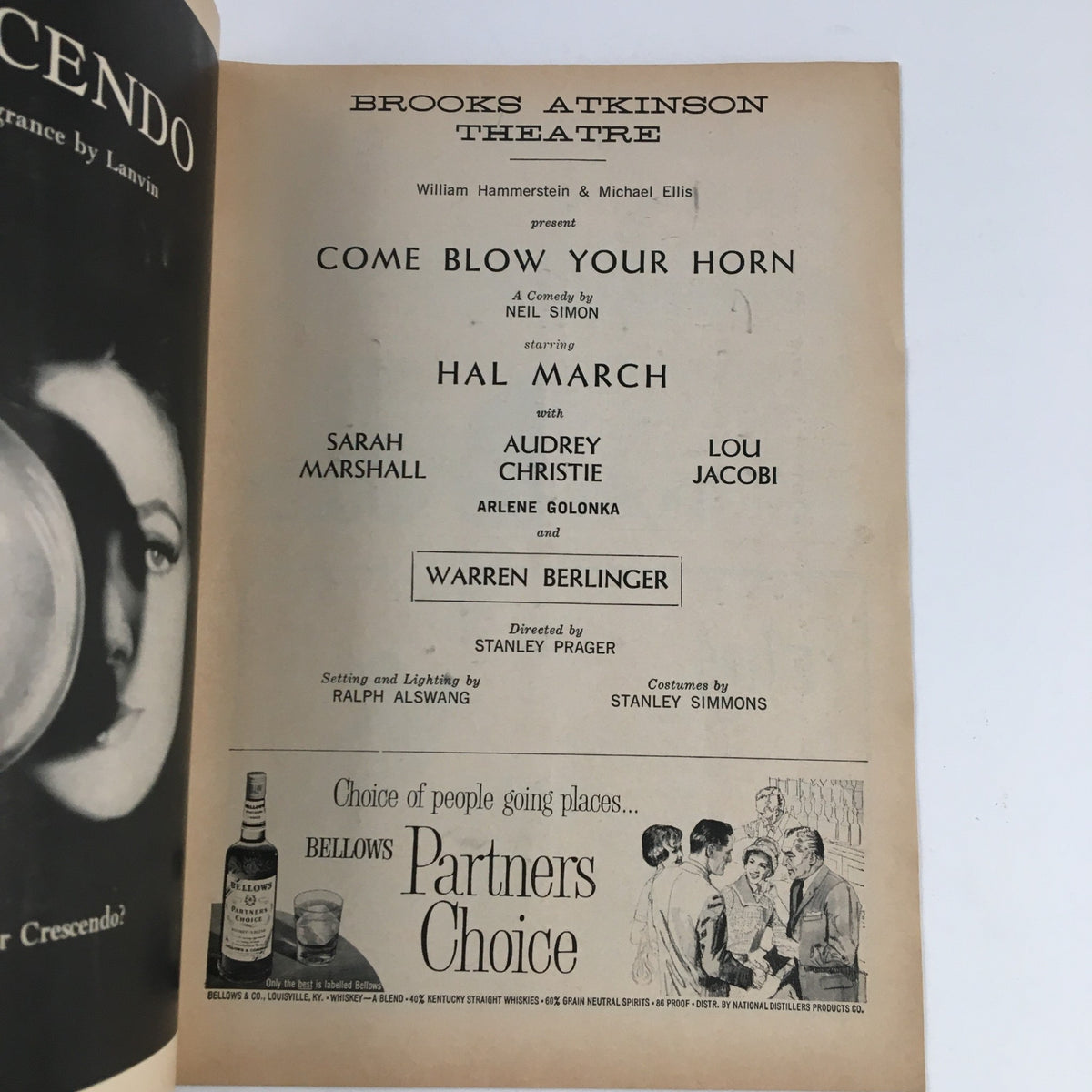 1961 Playbill for 'Come Blow Your Horn' at Brooks Atkinson Theatre featuring Hal March, with cast members Sarah Marshall, Audrey Christie, Lou Jacobi, Arlene Golonka, and Warren Berlinger. Includes details about direction by Stanley Prager and set design by Ralph Alswang.