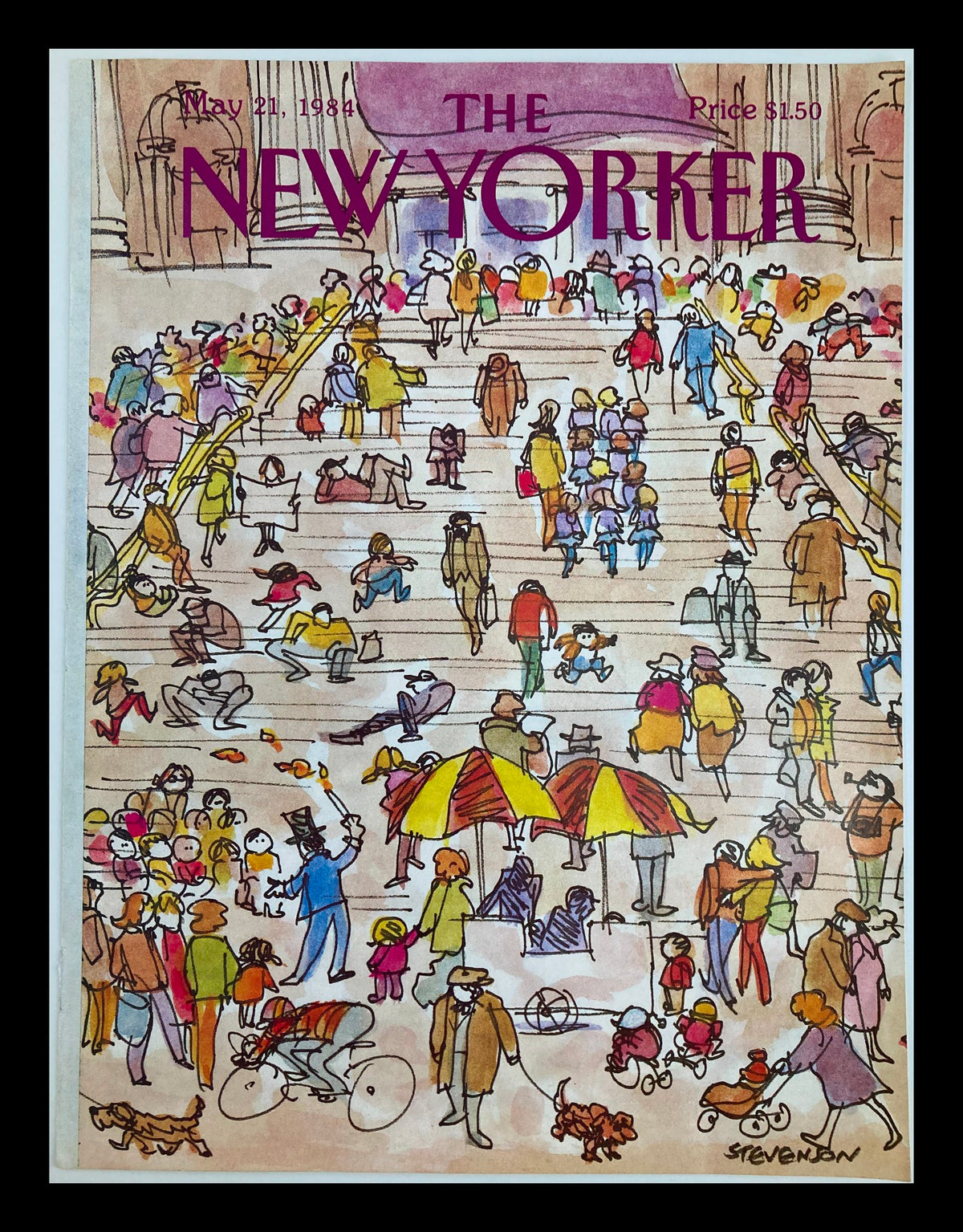 The New Yorker Cover May 21 1984 - The Crowd by James Stevenson, featuring a colorful illustration of a bustling crowd outdoors, capturing a lively scene with various characters and activities.