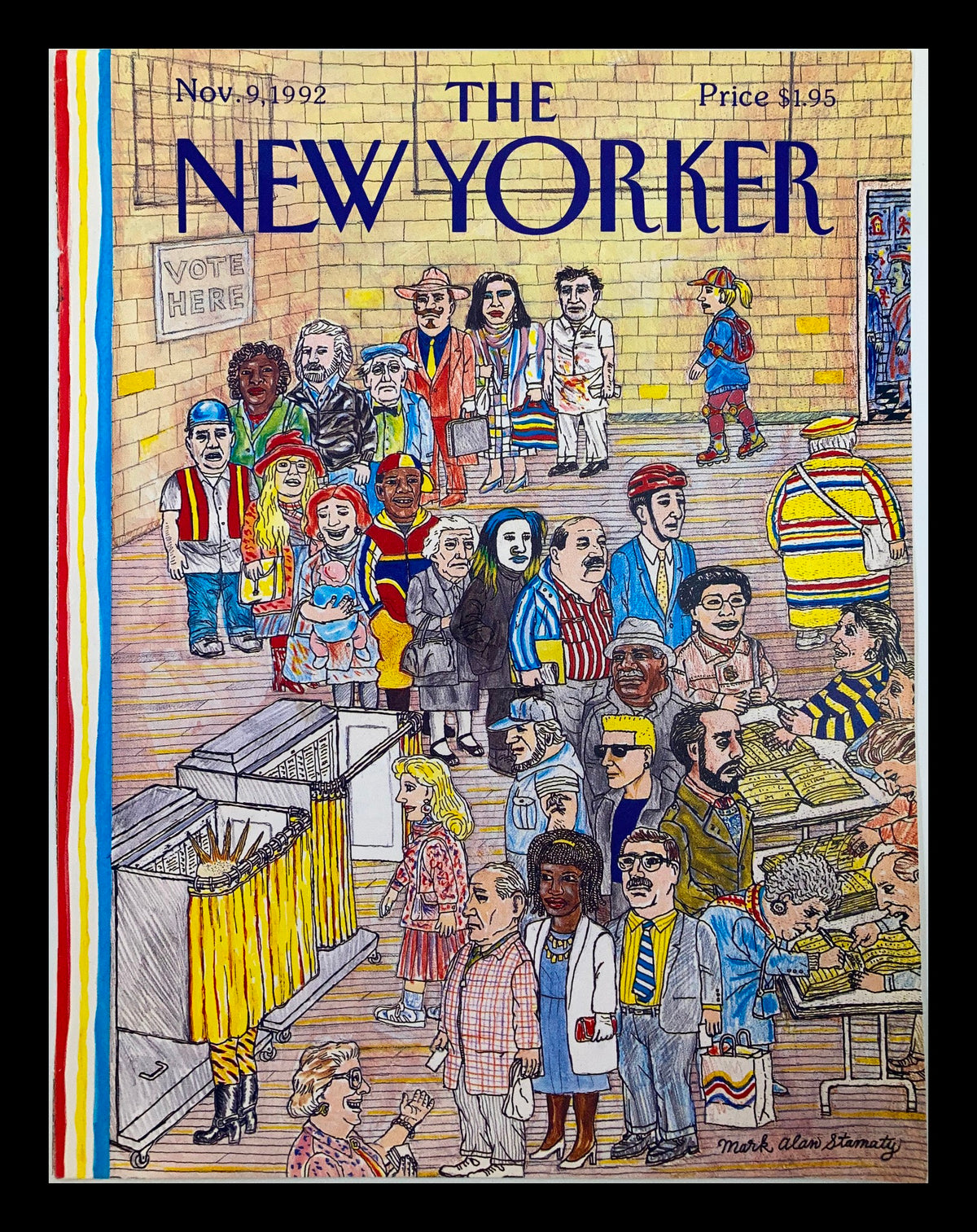 Cover of The New Yorker dated November 9, 1992, illustrated by Mark Allan Stamaty, featuring a vibrant depiction of voters in a polling place, showcasing political themes and diverse characters.