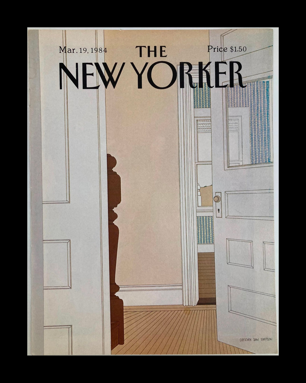 Cover of The New Yorker dated March 19, 1984, titled 'Outside The Door We Go' by Gretchen Simpson, featuring a minimalistic interior scene with doors and a figure silhouette.