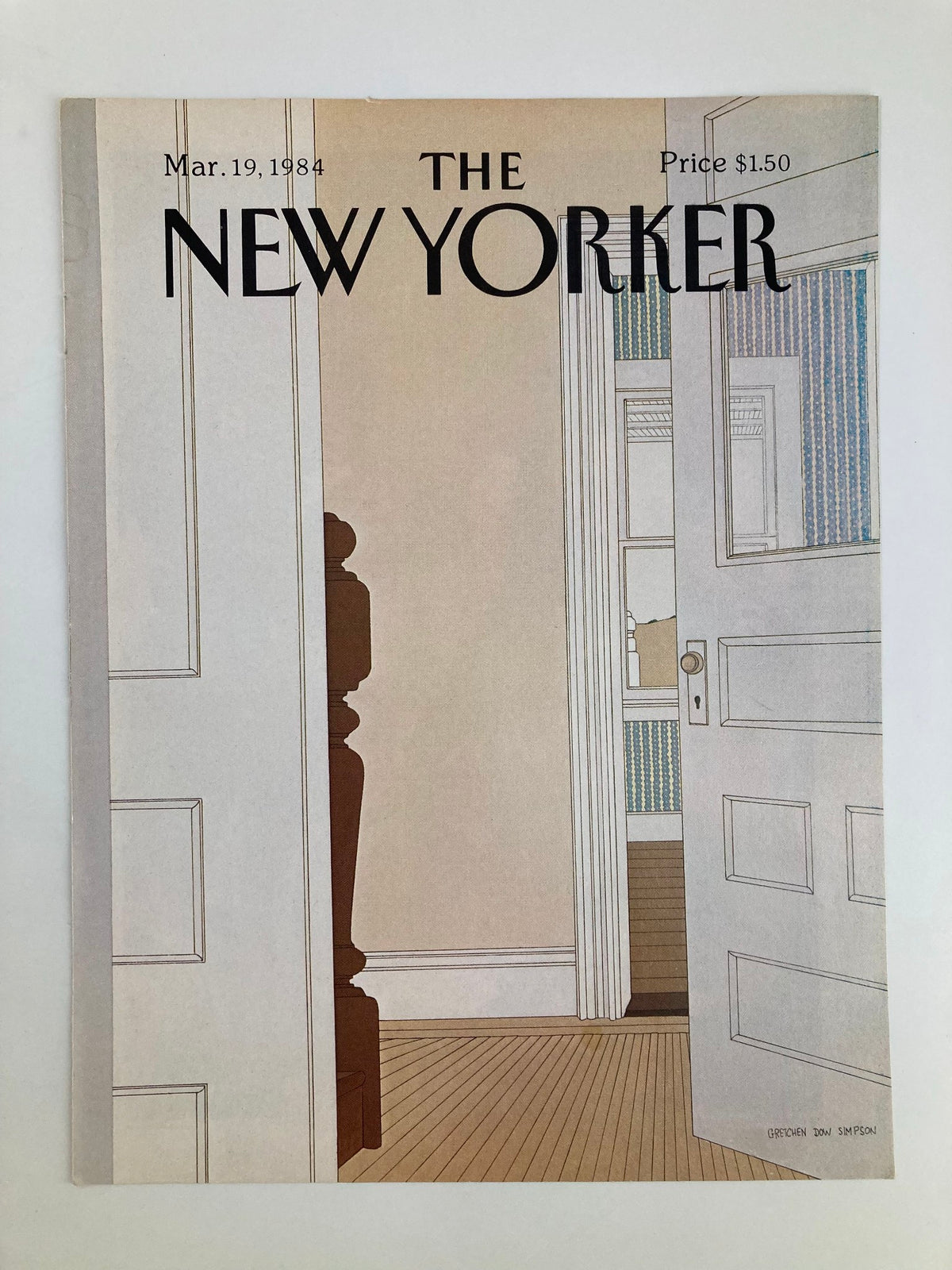 The New Yorker magazine cover from March 19, 1984, titled 'Outside The Door We Go' by Gretchen Simpson, showcasing an artistic representation of a doorway and a figure in an elegantly illustrated room.