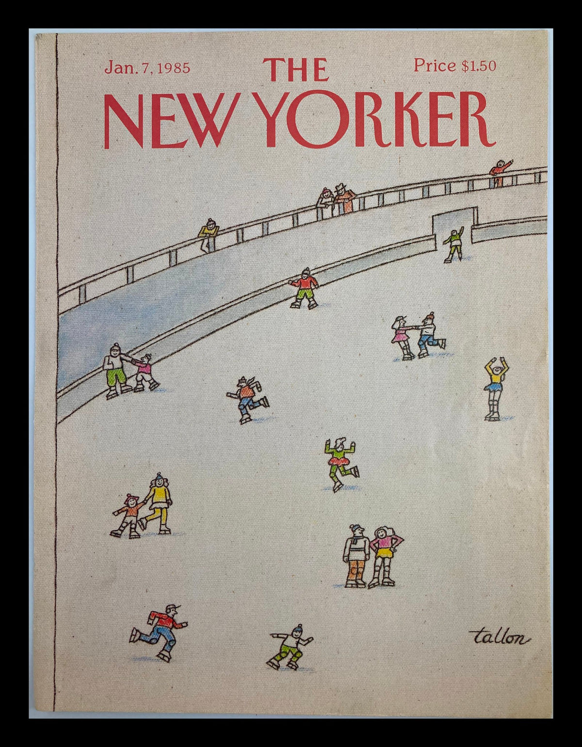 The New Yorker January 7 1985 cover featuring 'The Ice Storm' by Robert Tallon, depicting skaters on an ice rink with colorful outfits.