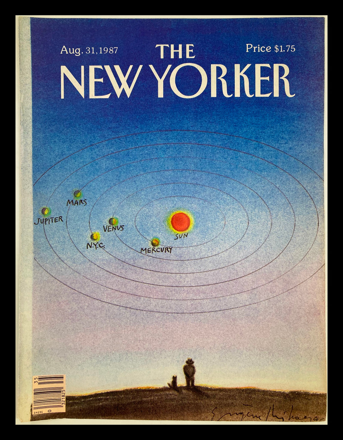 COVER ONLY The New Yorker August 31 1987 Solar City by Eugene Mihaesco No Label. Features a celestial theme with planets including Jupiter, Mars, NYC, Venus, and Mercury orbiting around a colorful sun against a blue gradient sky.