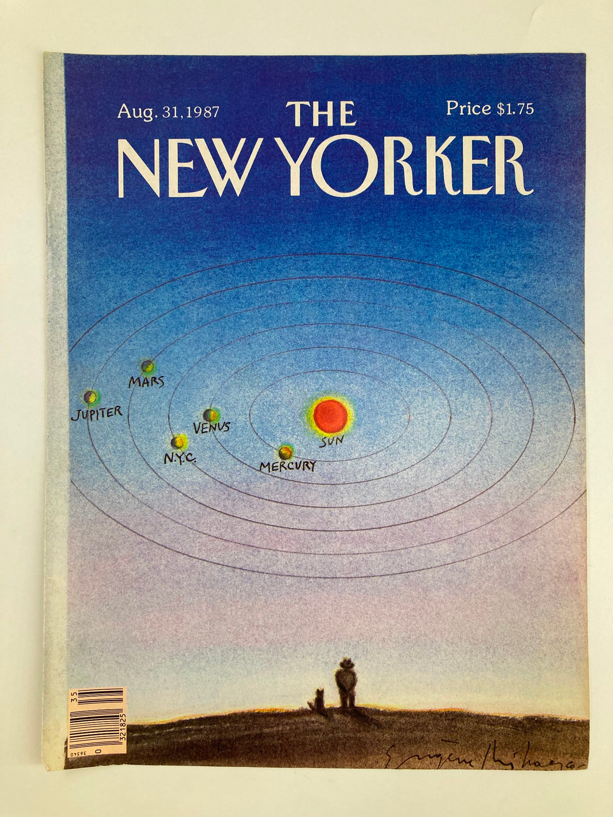 COVER ONLY The New Yorker August 31 1987 Solar City by Eugene Mihaesco No Label. Depicts an imaginative portrayal of the solar system with a sunset backdrop, showcasing planets and highlighting the sun in a vibrant color palette.