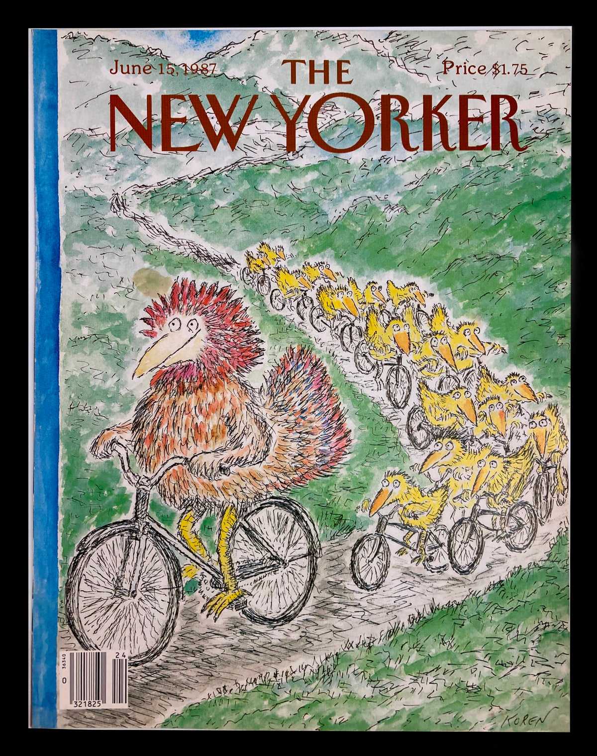 Cover of The New Yorker June 15, 1987 featuring the illustration 'Follow the Leader' by Edward Koren, depicting a whimsical bird on a bicycle leading a group of smaller yellow birds.
