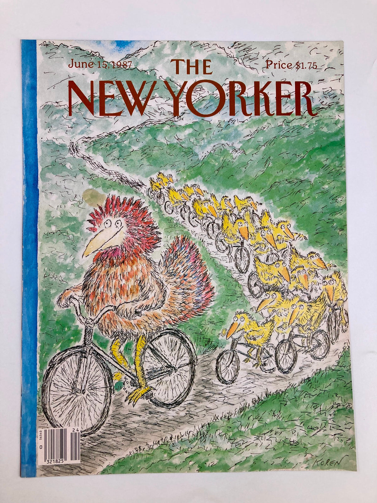 The New Yorker cover dated June 15, 1987, showcasing Edward Koren's artwork titled 'Follow the Leader', illustrating a vibrant bird cycling ahead of a line of smaller birds.