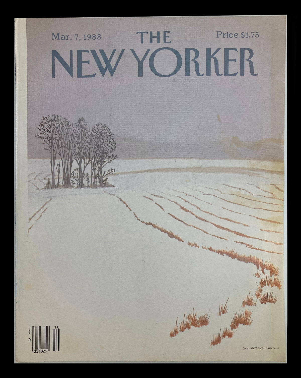 The New Yorker cover from March 7, 1988, featuring the artwork 'White Pasture' by Gretchen Dow Simpson, showcasing a serene winter landscape with a soft color palette.