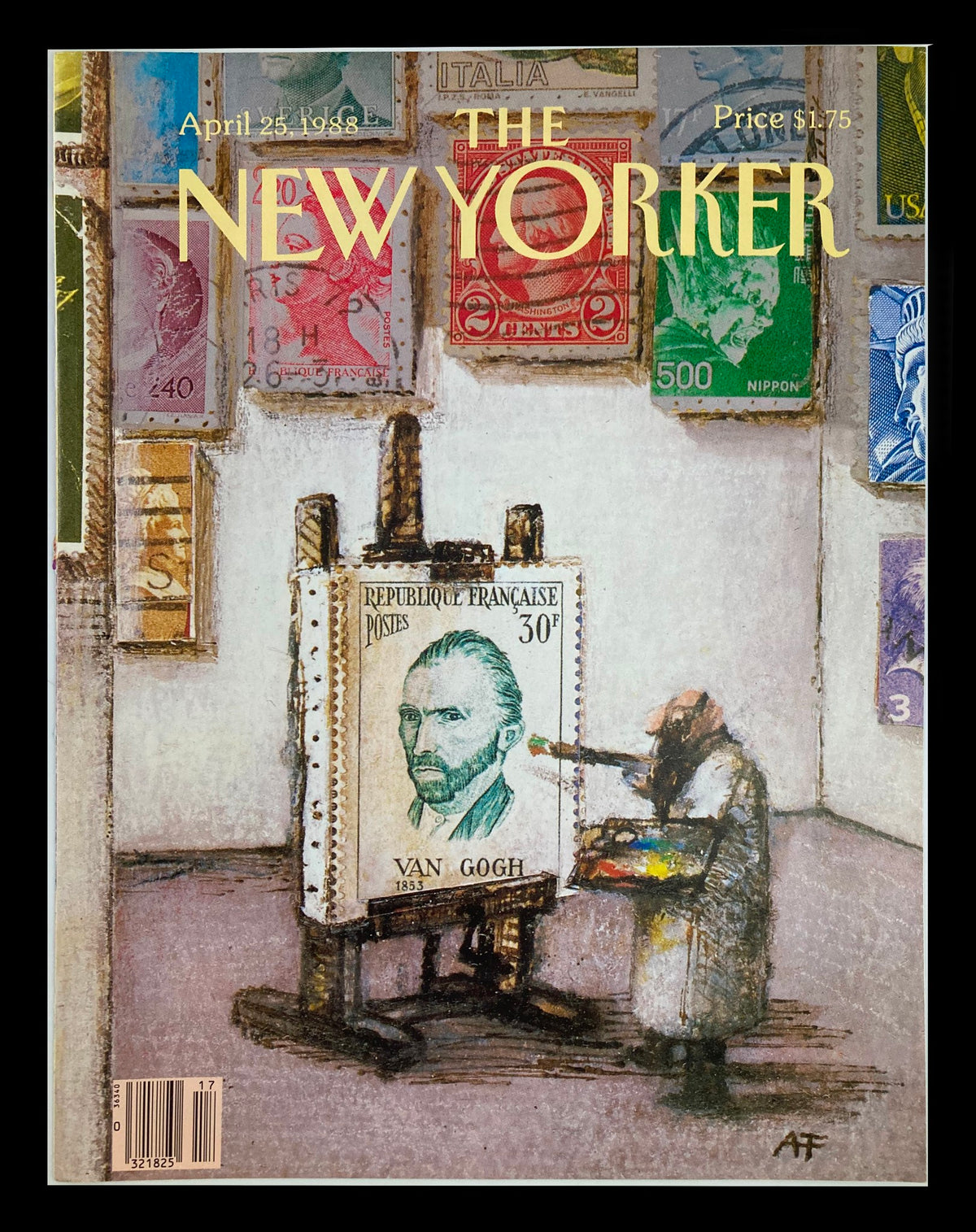 Cover of The New Yorker from April 25, 1988, featuring an illustration of Vincent Van Gogh on a stamp by Andre Francois, showcasing a unique blend of art and literature.