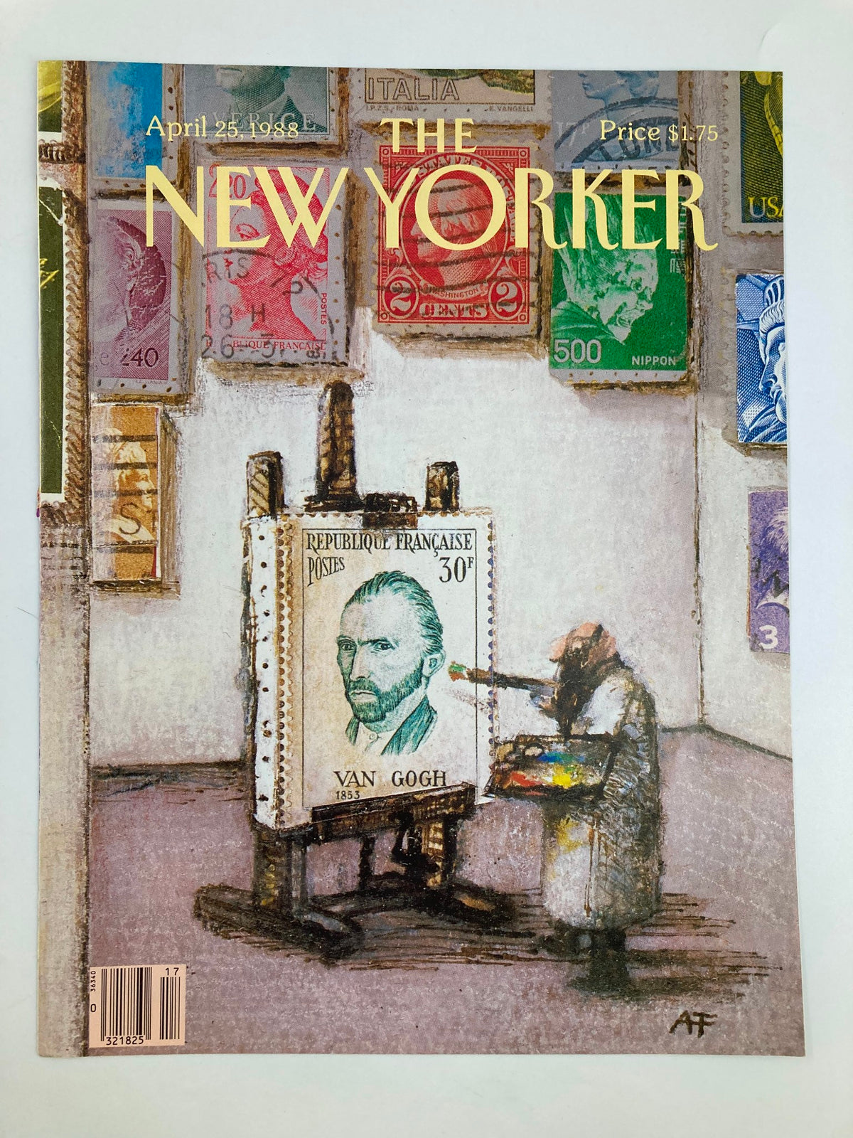COVER ONLY The New Yorker April 25 1988 featuring Van Gogh Stamp illustration by Andre Francois, showcasing a prominent artwork with a painting of Vincent Van Gogh on a stamp, framed by colorful postage stamps.
