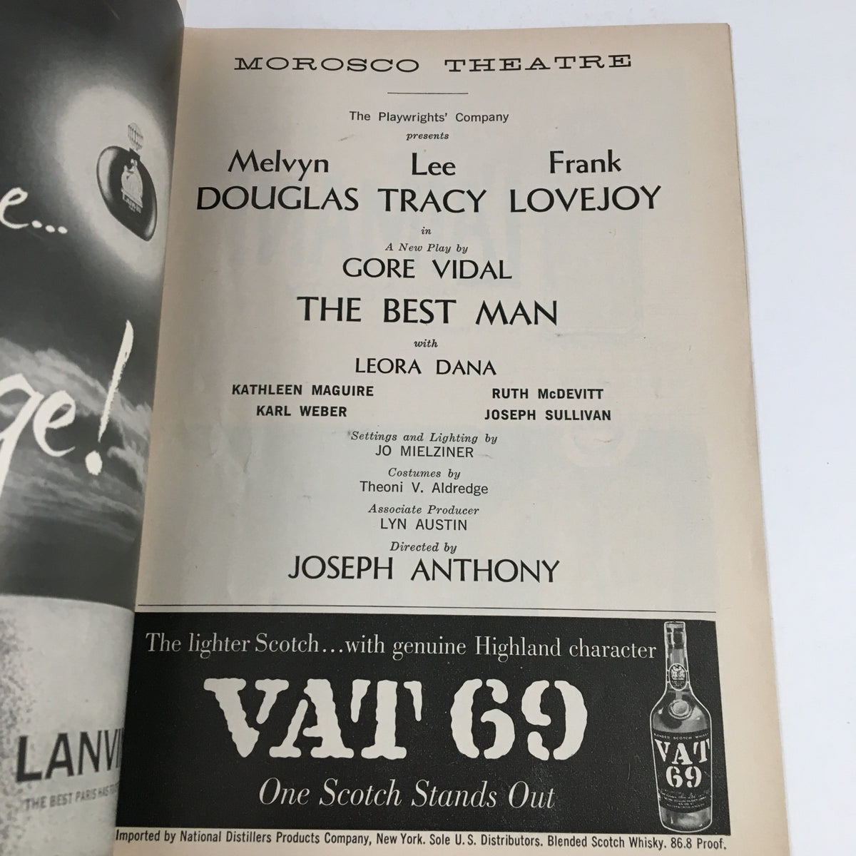 Inside page of 1960 Morosco Theatre playbill showcasing the cast and crew details for Gore Vidal's 'The Best Man'.