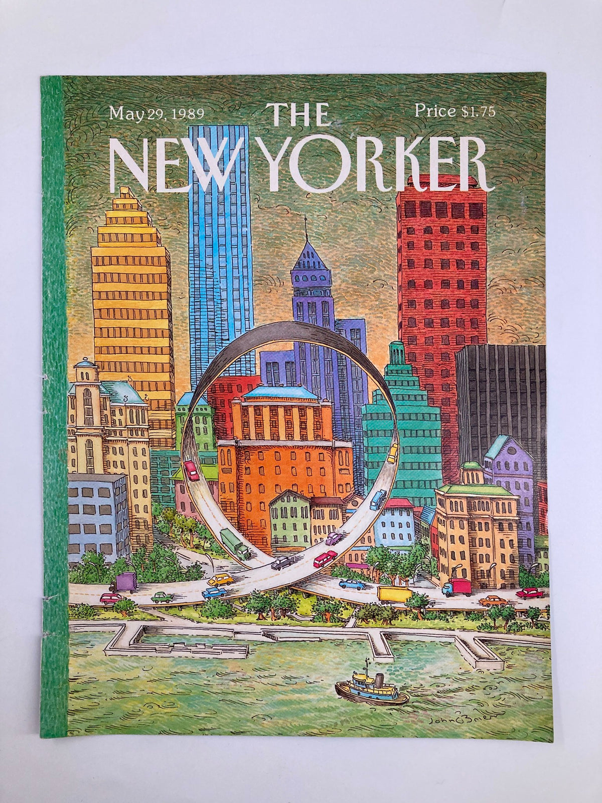 The New Yorker May 29 1989 cover featuring 'The Freeway' by John O'Brien, showcasing an animated cityscape with a river and diverse architectural buildings.
