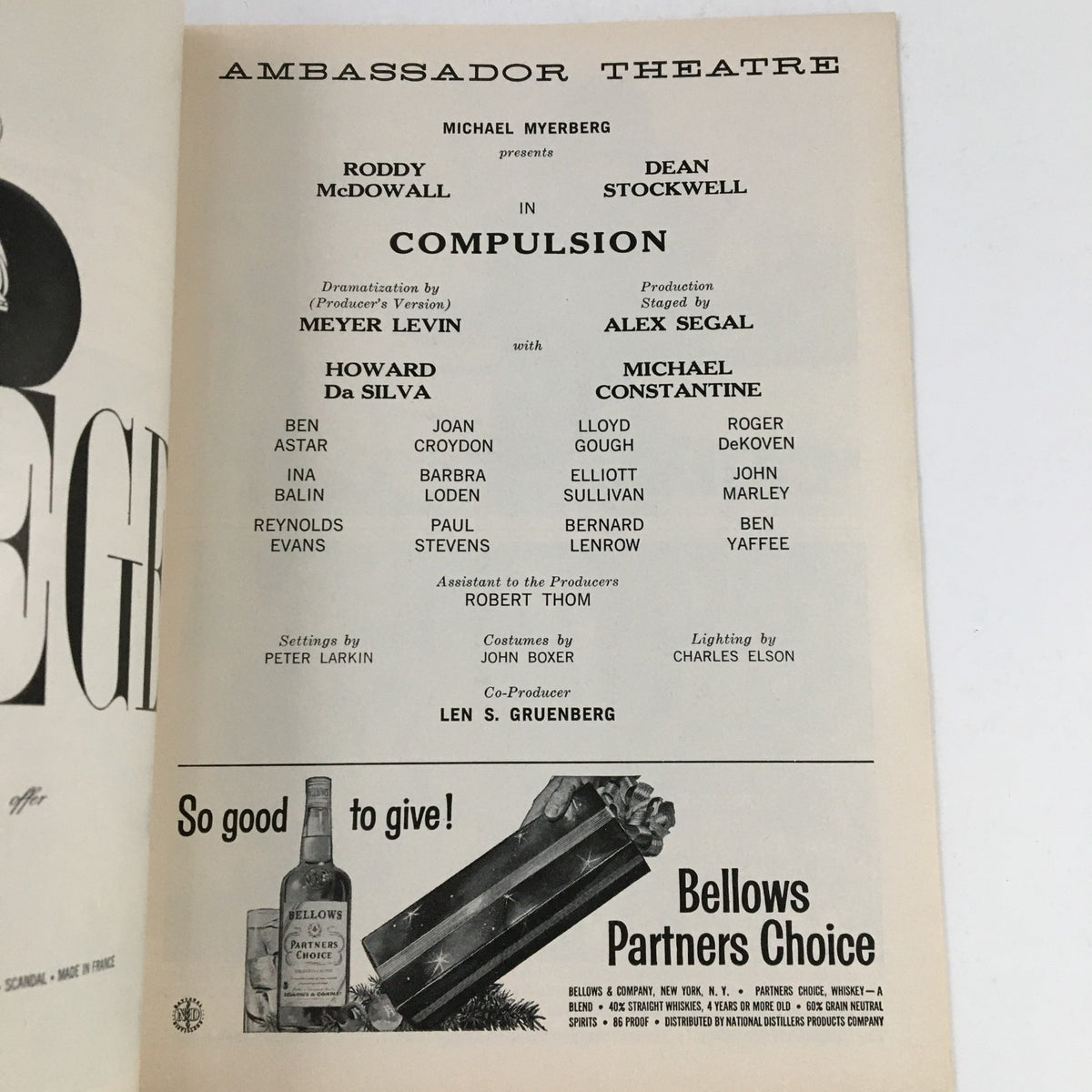 Another interior page of the 1957 Playbill for Compulsion highlighting the production information and promotional advertisements.