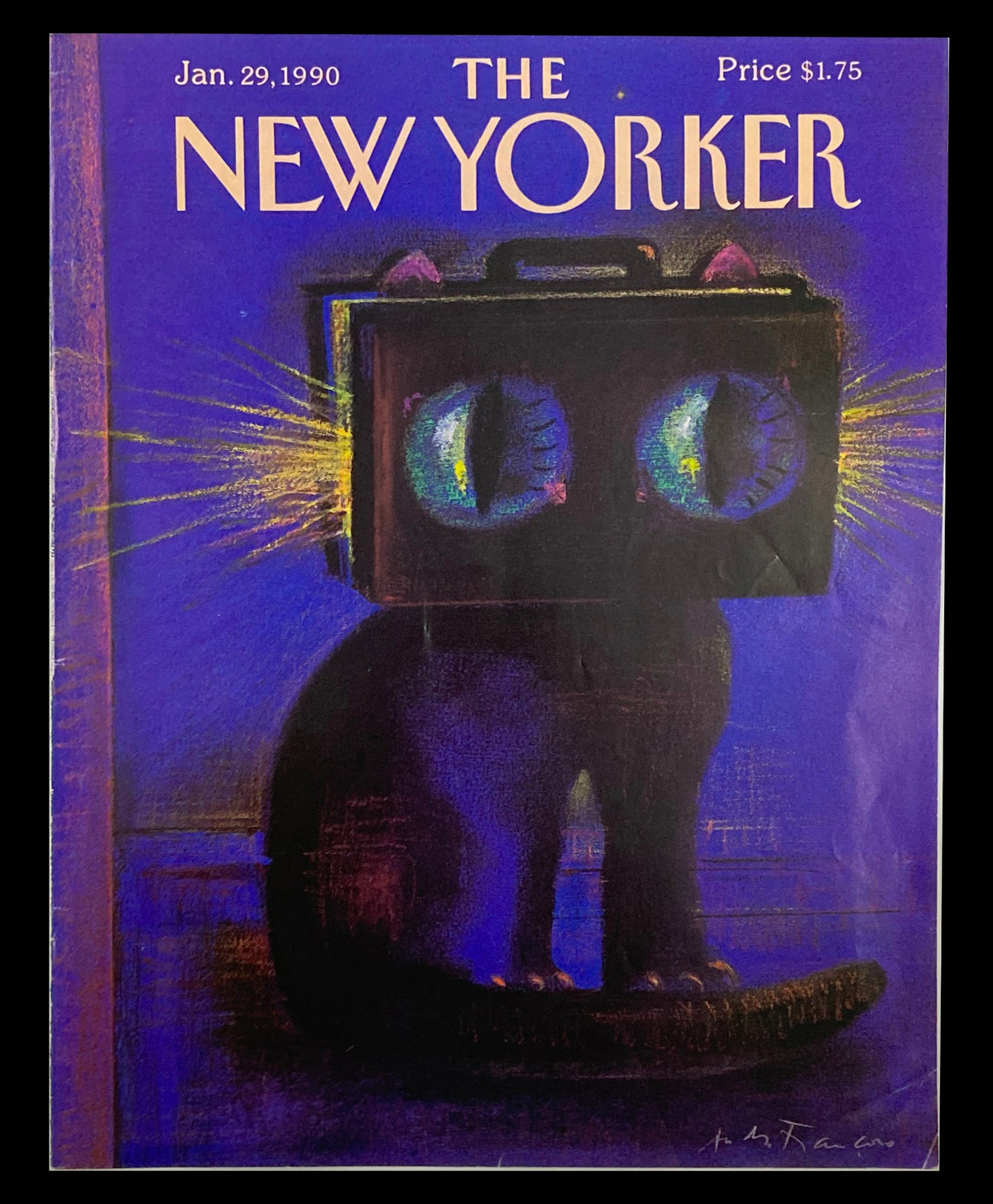 COVER ONLY The New Yorker January 29 1990 Cat Eyes by Andrei Francois showcasing a striking illustration of a black cat with vibrant cat eyes, set against a blue background with a vintage magazine layout.
