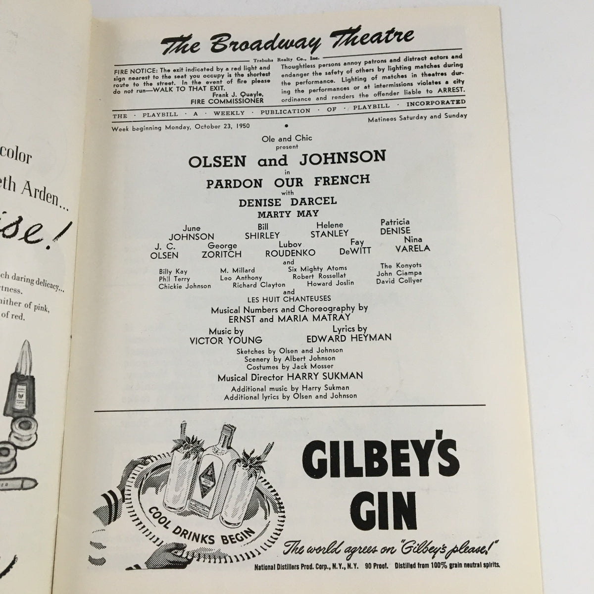 Inside spread of the 1950 Playbill for The Broadway Theatre featuring Olsen and Johnson in Pardon Our French, listing the cast, musical numbers, and production details.