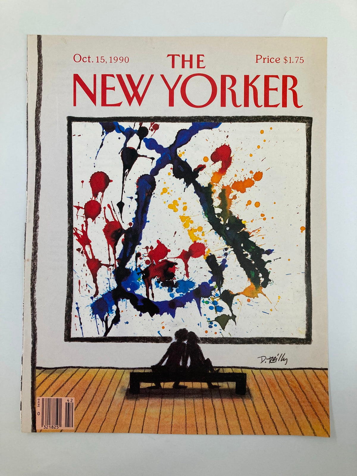 COVER ONLY The New Yorker October 15 1990 Painting Canvass by Donald Reilly, showcasing an artistic representation of a vibrant painting displayed in a museum, where a couple admires the piece.