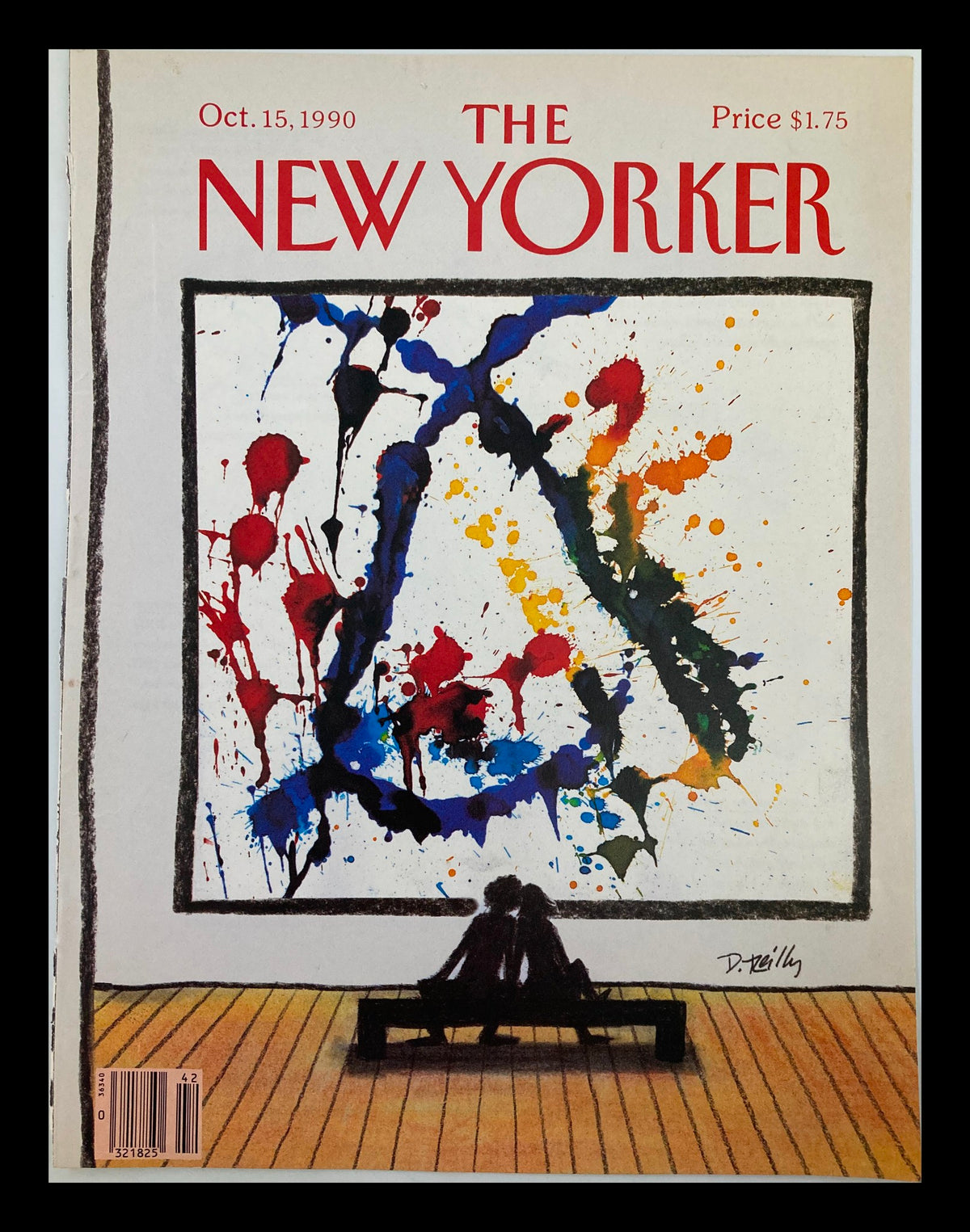 COVER ONLY The New Yorker October 15 1990 Painting Canvass by Donald Reilly, featuring a colorful abstract painting in a gallery setting, with two figures seated in front of the artwork.