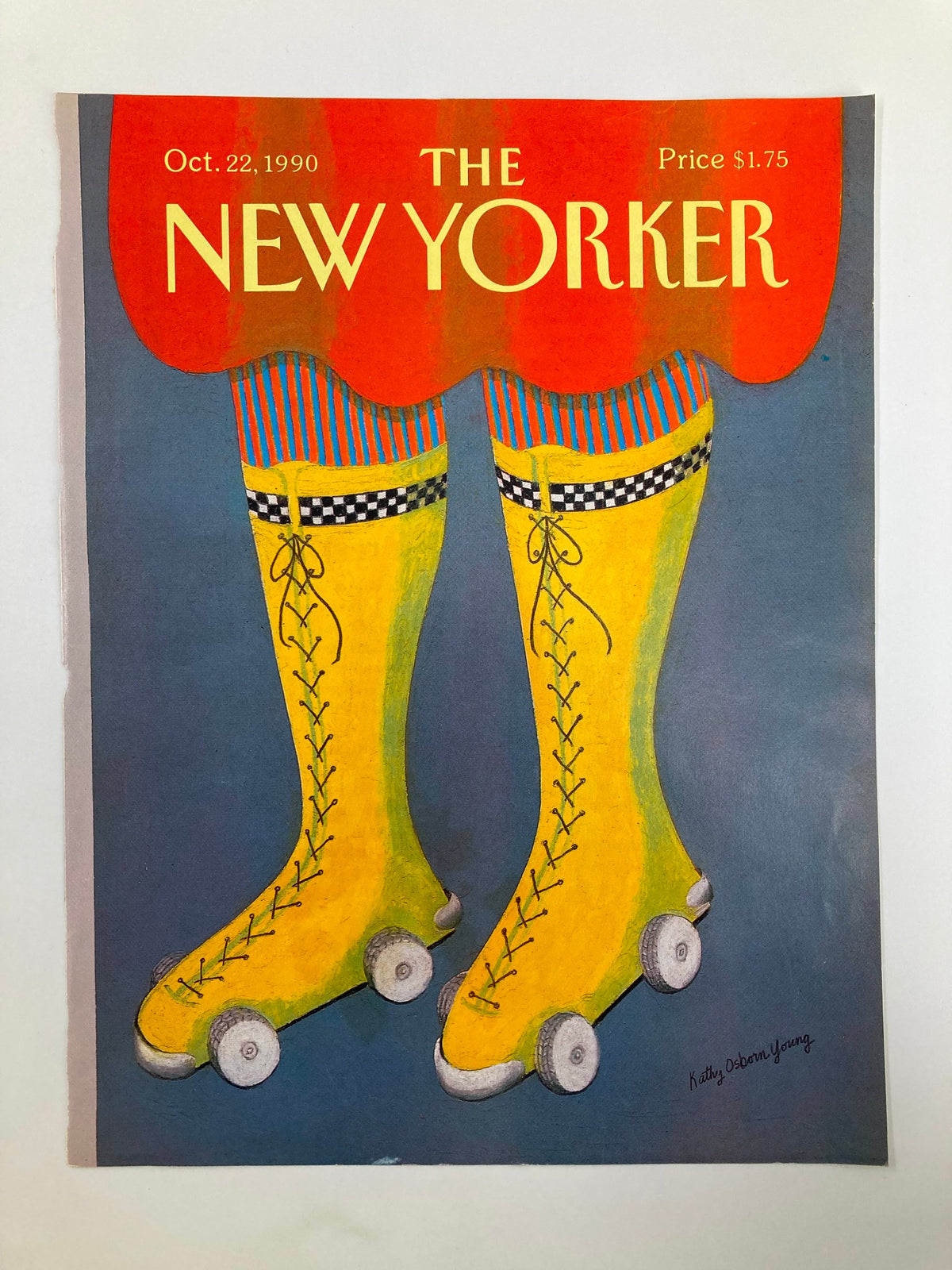 Cover of The New Yorker October 22, 1990 highlighting 'Wheel Socks' artwork by Kathy Osborn Young, depicting colorful roller skates with vibrant yellow colors and fun details.