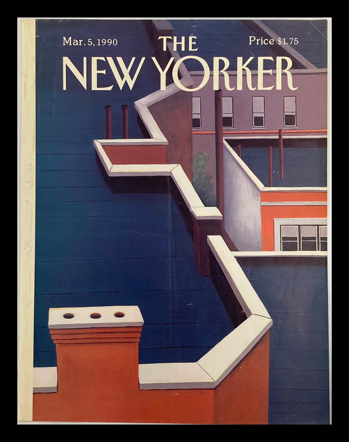 Cover of The New Yorker dated March 5, 1990, featuring the artwork 'Roofdeck Blues' by Gretchen Dow Simpson, showcasing a vibrant urban rooftop scene in New York.