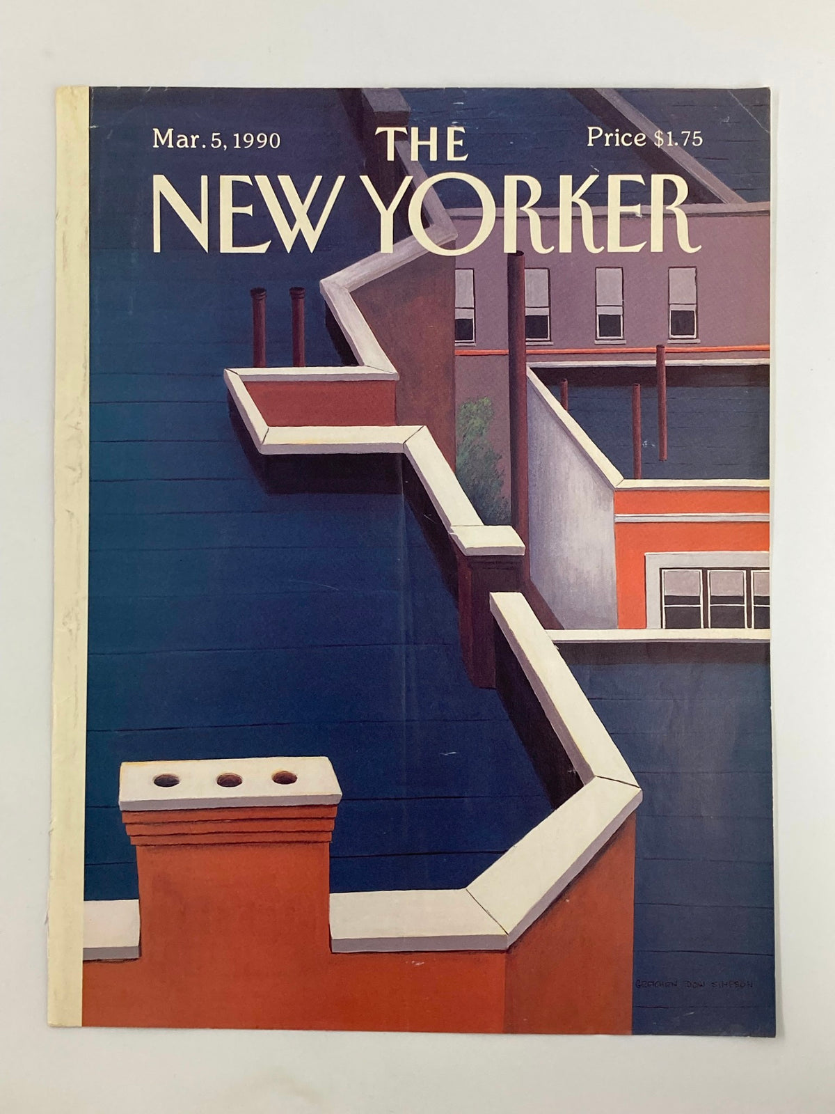 The New Yorker magazine cover from March 5, 1990, displaying 'Roofdeck Blues' by Gretchen Dow Simpson, highlighting a colorful rooftop view against a blue background.