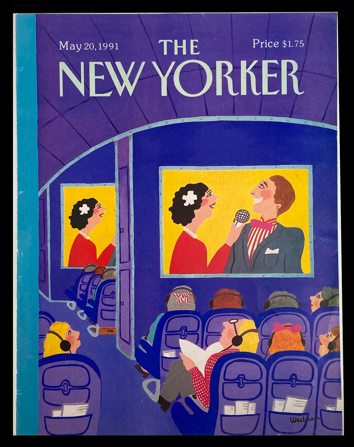 Cover of The New Yorker dated May 20, 1991 featuring 'Plane Cinema' artwork by Barbara Westman, depicting a colorful scene of passengers enjoying entertainment on an airplane.