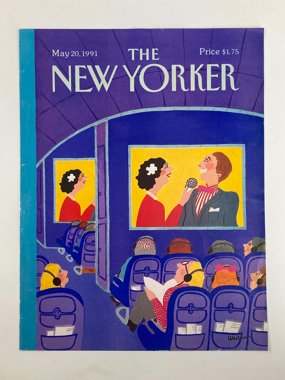 Cover of The New Yorker dated May 20, 1991 showcasing 'Plane Cinema' art by Barbara Westman, illustrating a whimsical portrayal of airline passengers engaged in a film screening.