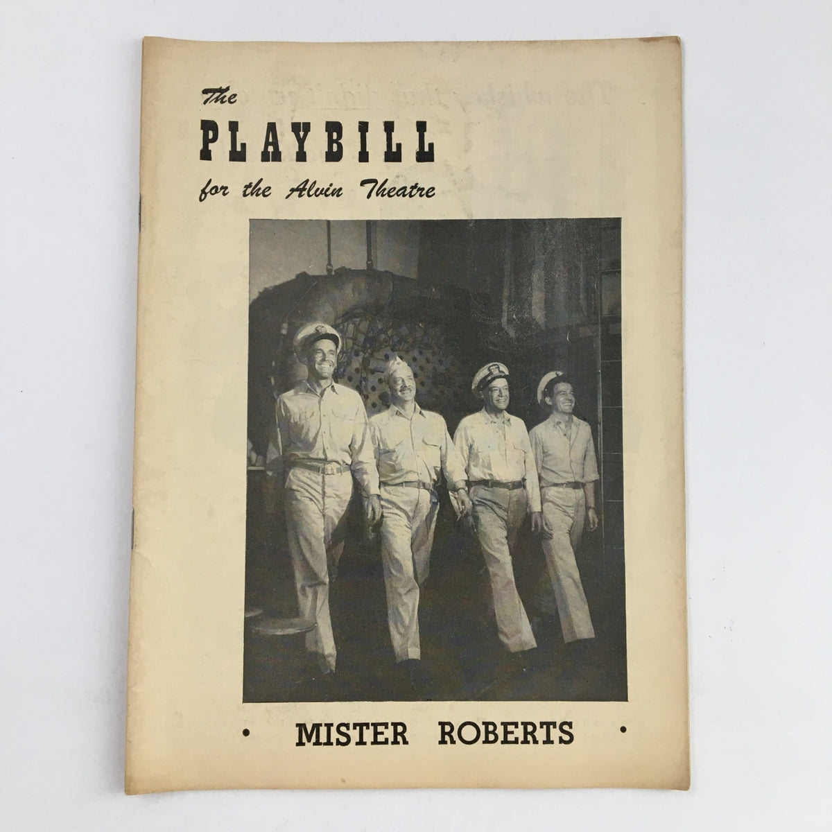 1949 Playbill for the Alvin Theatre featuring Mister Roberts, showcasing a vintage black and white photograph of four male actors in naval uniforms.