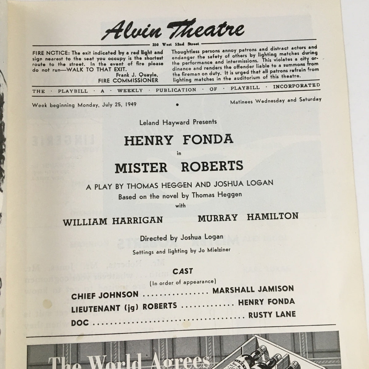 1949 Playbill for the Alvin Theatre, highlighting Henry Fonda in Mister Roberts, with details on the cast and production information.