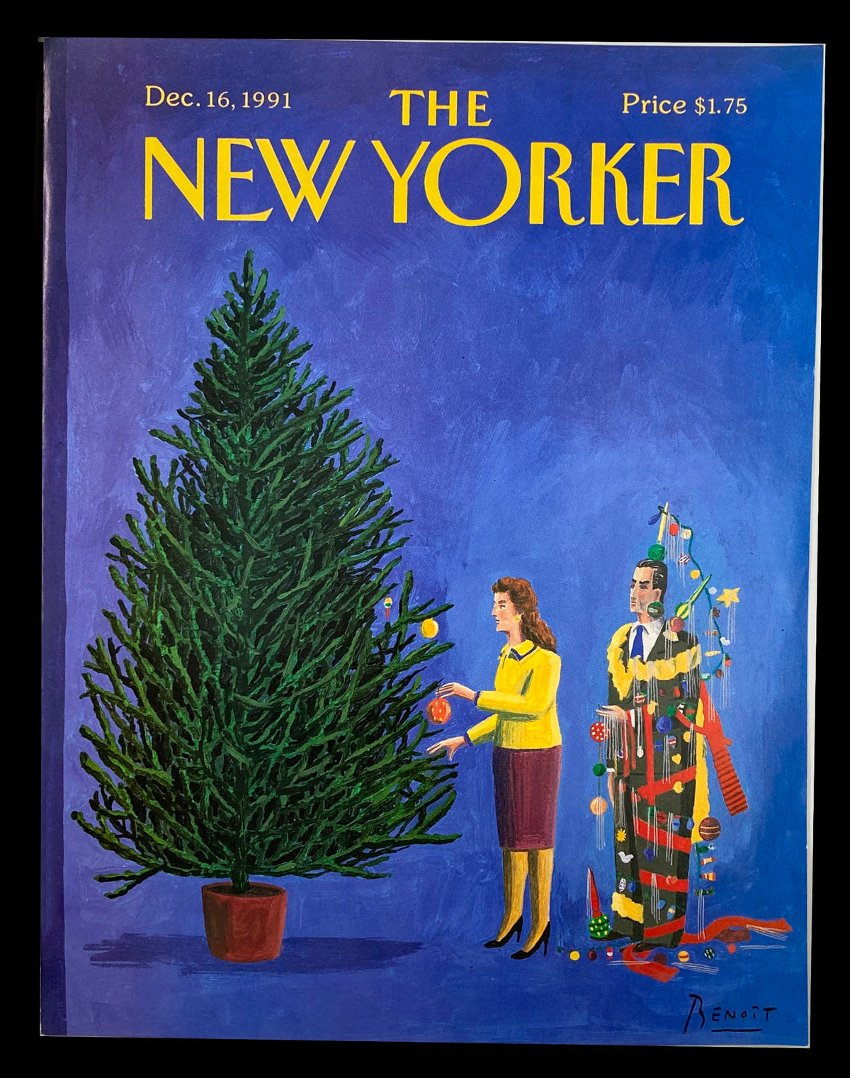 Cover of The New Yorker from December 16, 1991, featuring a Christmas-themed illustration by Benoit van Innis. The image depicts a tall Christmas tree adorned with ornaments, while a woman decorates the tree and a man stands beside it dressed in festive attire.