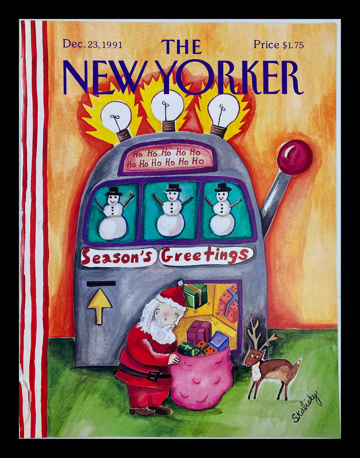 The New Yorker December 23 1991 Season's Greetings cover art by Steph Skalisky featuring a festive illustration of Santa, snowmen, and holiday gifts.
