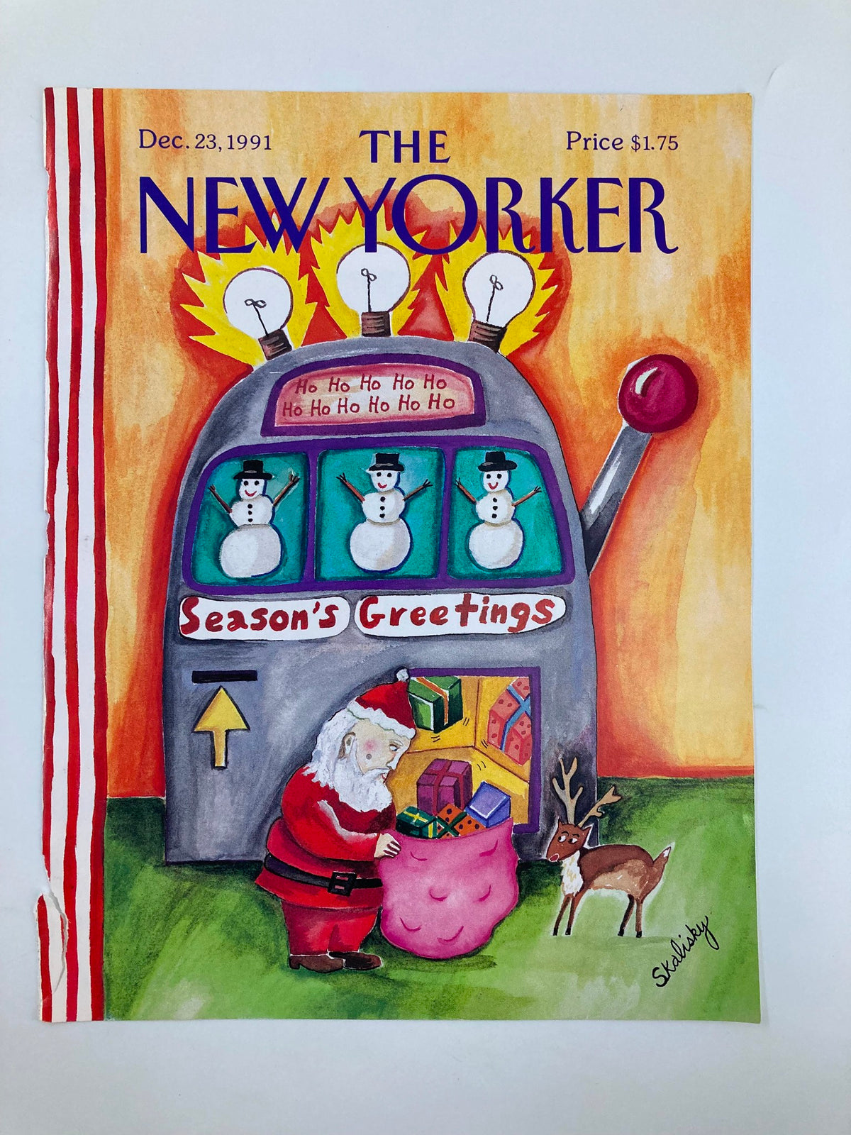 Cover of The New Yorker December 23, 1991 titled 'Season's Greetings' by Steph Skalisky, featuring Santa Claus with gifts, snowmen, and vibrant festive colors.