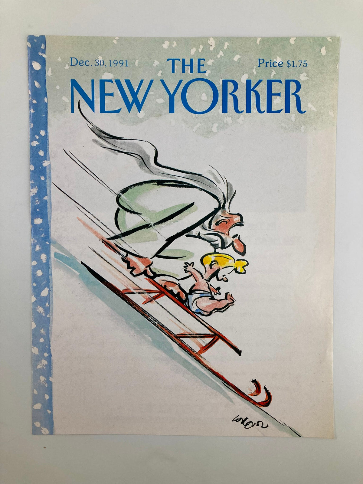 Cover art of The New Yorker dated December 30, 1991, named 'Baby Delivery' by Lee Lorenz, depicting an amusing illustration of a child sliding down a hill on a sled, embodying the magazine's playful style.