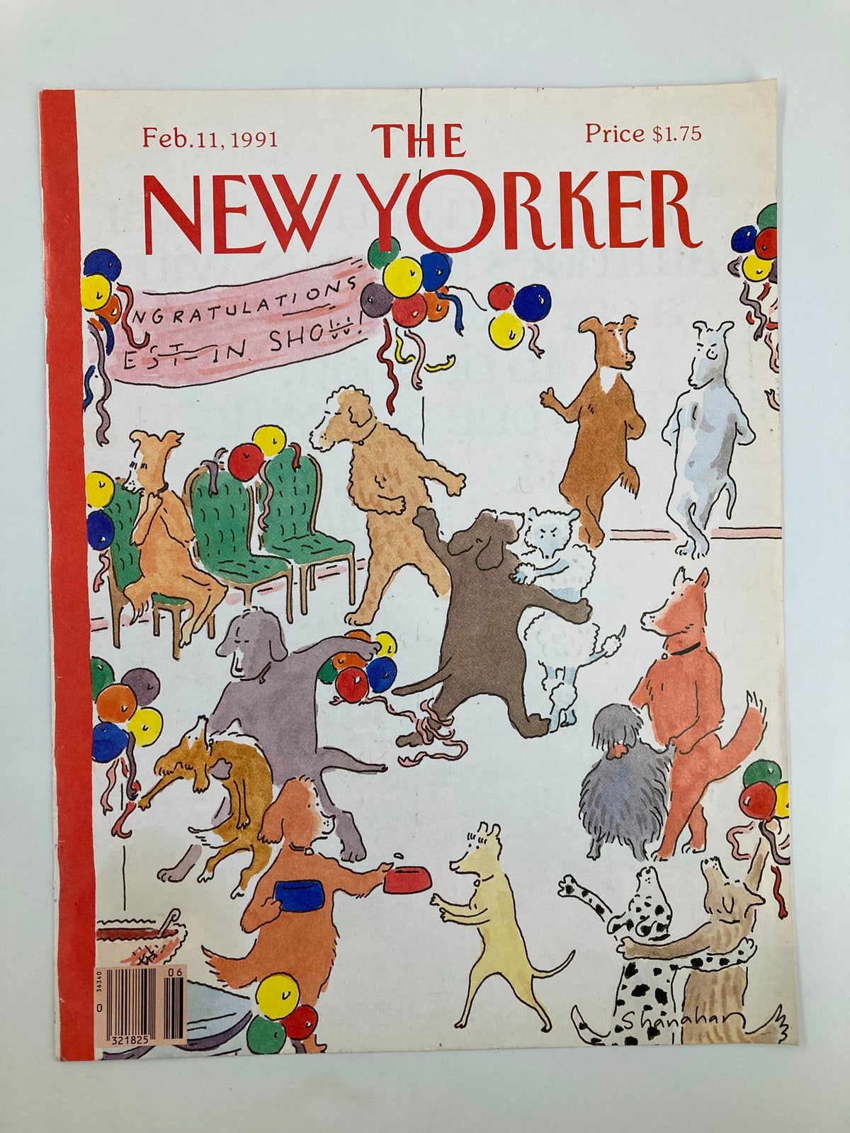 Cover of The New Yorker February 11, 1991, titled 'Congratulation Show' by Danny Shanahan displaying colorful drawings of dogs in a festive scene.
