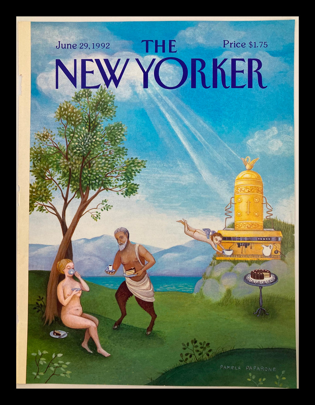 The New Yorker June 29 1992 cover titled 'Baked Alaska' by Pamela Paparone showcasing a whimsical illustration of a woman enjoying dessert while a man serves dessert under a bright sky.