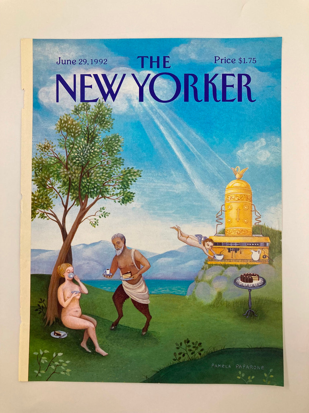 The New Yorker June 29 1992 cover titled 'Baked Alaska' by Pamela Paparone featuring an artistic scene of a woman and a man, set against a scenic background of mountains and a dessert display.