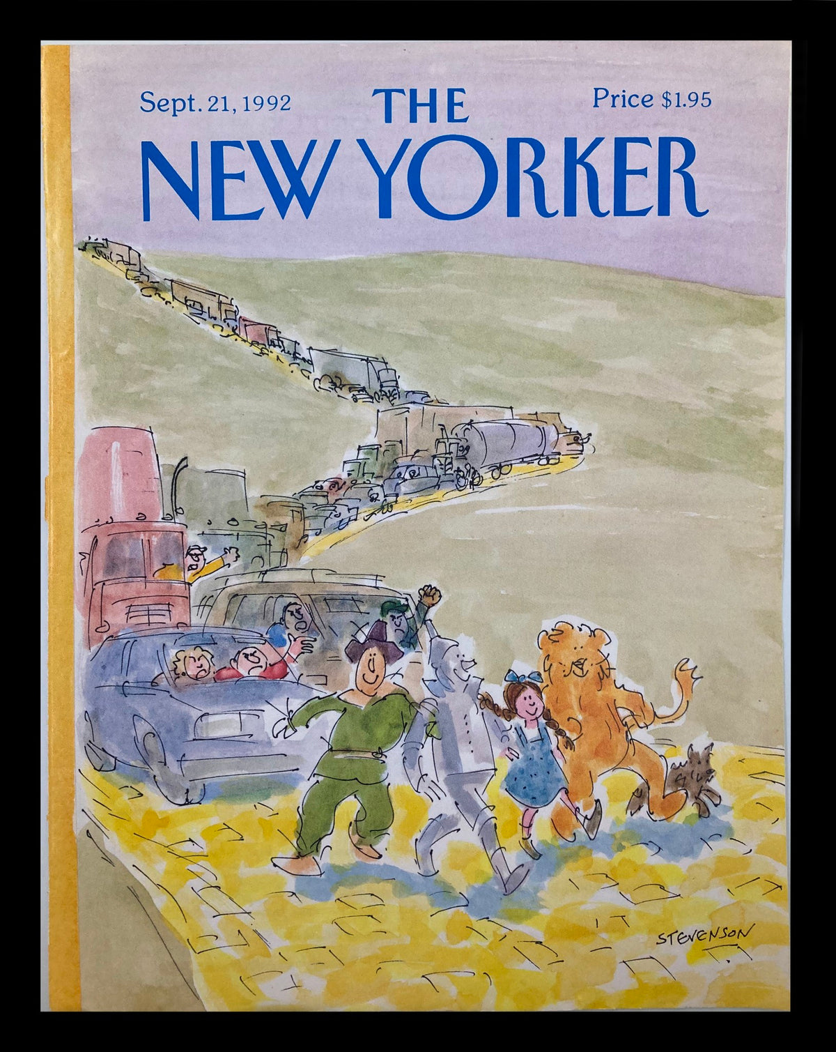 Cover of The New Yorker magazine dated September 21, 1992, featuring an illustration by James Stevenson depicting characters from the Wizard of Oz amidst a traffic scene, showcasing vibrant colors and whimsical expressions.