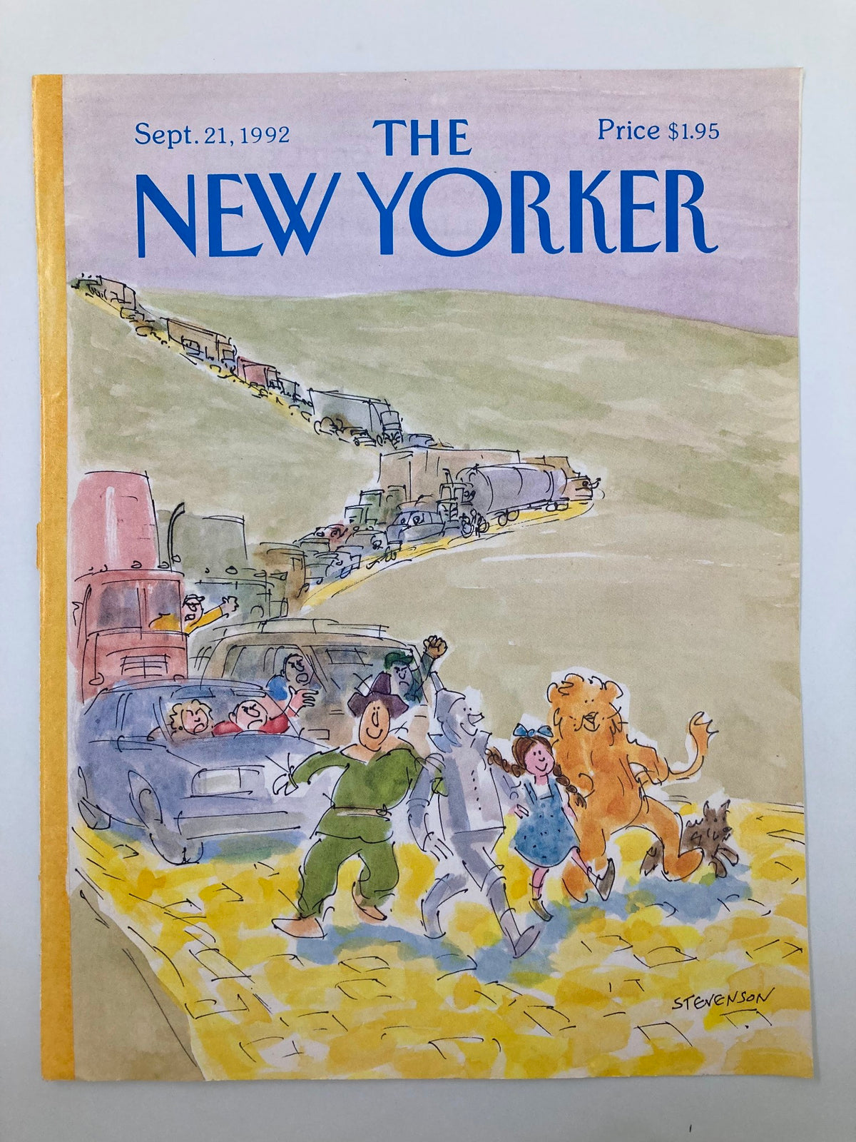 Cover art for The New Yorker magazine from September 21, 1992, illustrated by James Stevenson, depicting a humorous scene with characters reminiscent of the Wizard of Oz in a traffic jam, with colorful, playful artwork.