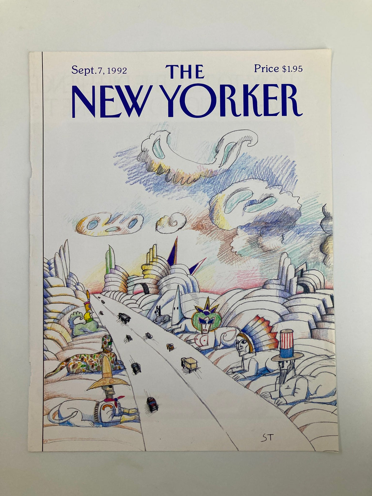 Cover of The New Yorker dated September 7, 1992, showcasing Saul Steinberg's artistic interpretation of fantastical scenery and a highway with cars.