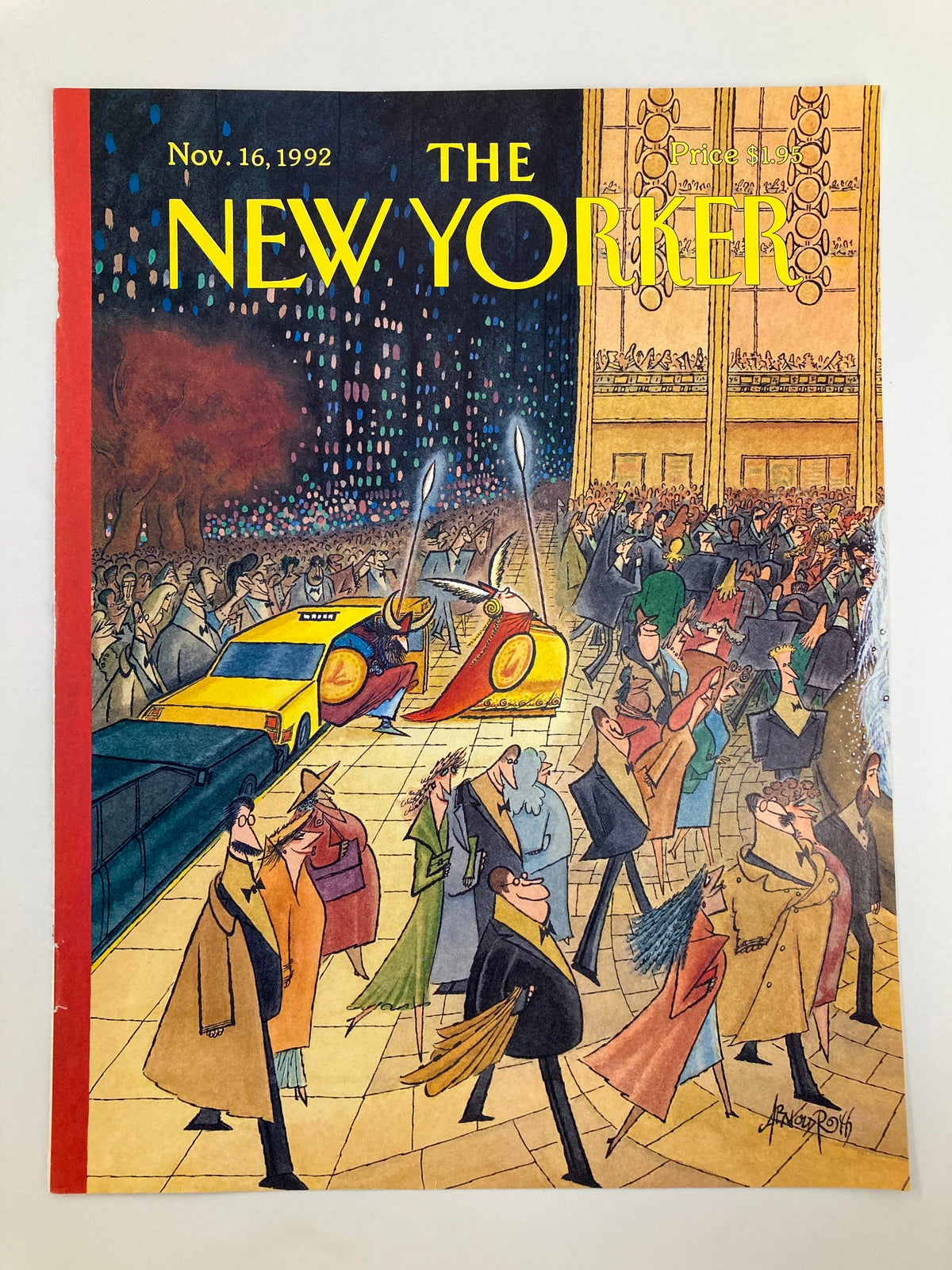 Cover image of The New Yorker, dated November 16, 1992, showcasing 'A Night at the Opera' by Arnold Roth, depicting a lively evening street scene with elegantly dressed individuals and urban elements.