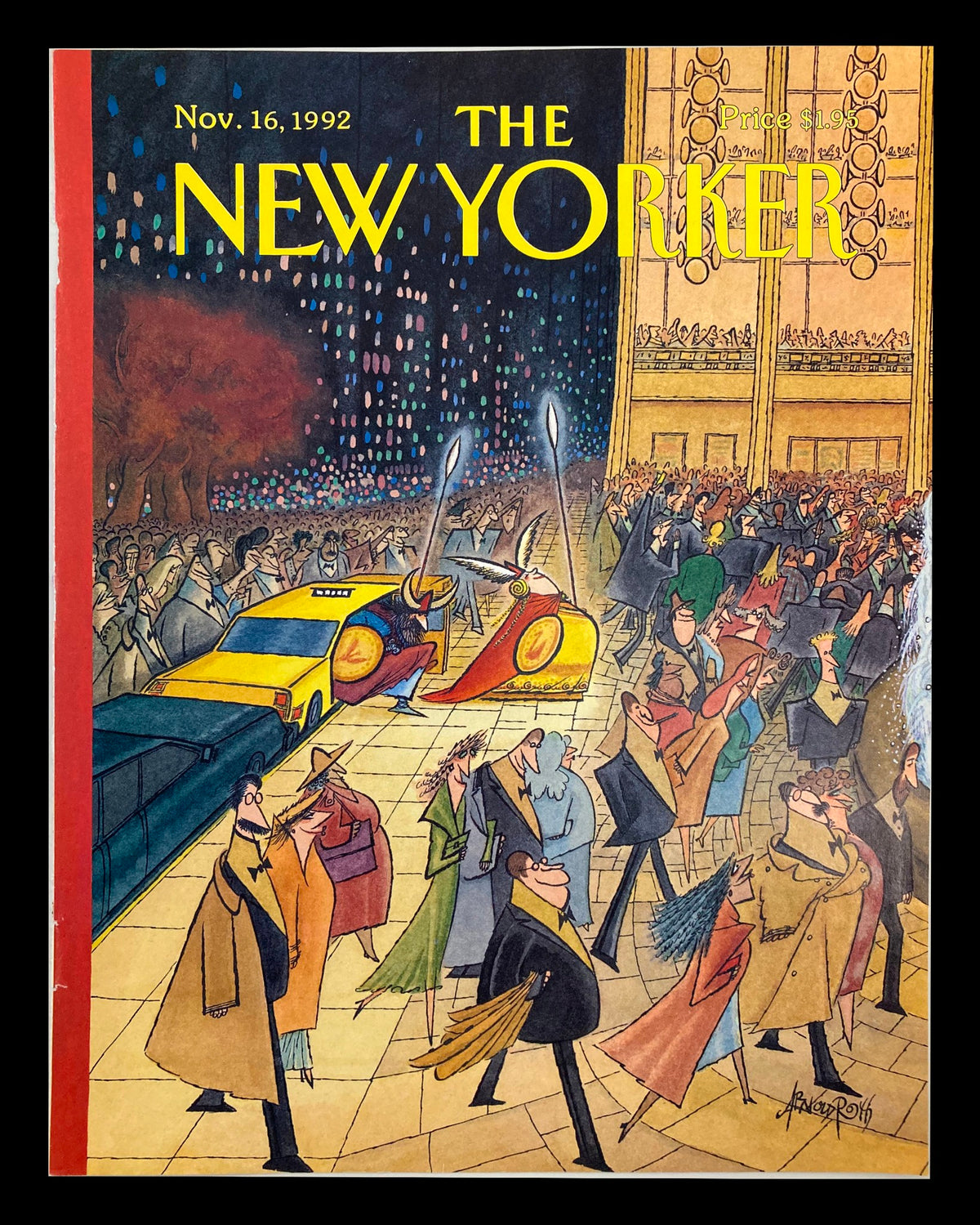 Cover of The New Yorker magazine from November 16, 1992, titled 'A Night at the Opera' by Arnold Roth, featuring an illustrated scene of a bustling street with stylish people and a yellow taxi.