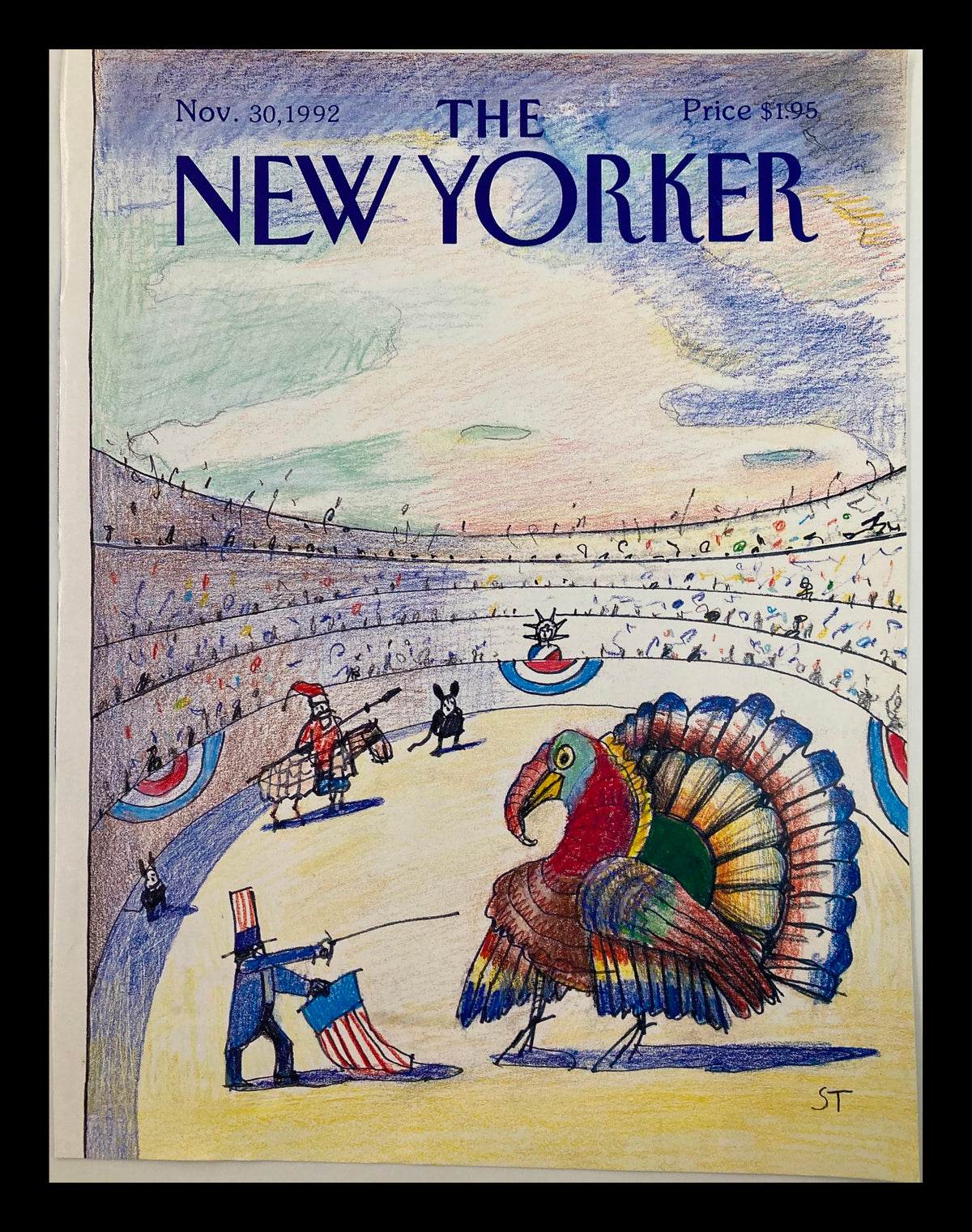 Cover of The New Yorker dated November 30, 1992, featuring the colorful illustration 'Ostrich at Ease' by Saul Steinberg, depicting a whimsical scene in an arena with a turkey and playful caricatures.