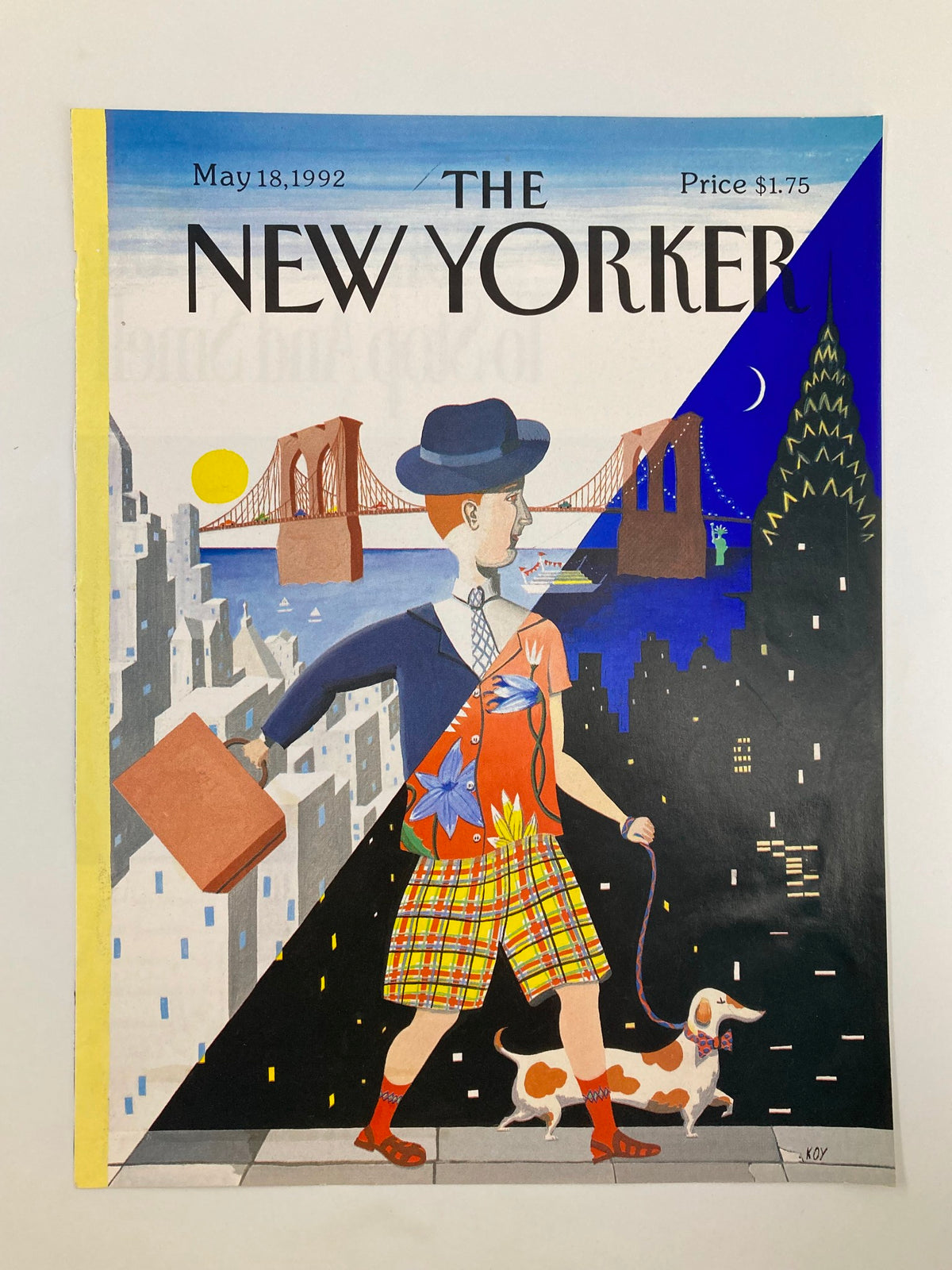 Cover of The New Yorker, May 18, 1992 titled 'Business with Pleasure' featuring an illustration of a man in casual attire holding a briefcase and walking a dog, with a city skyline in the background.